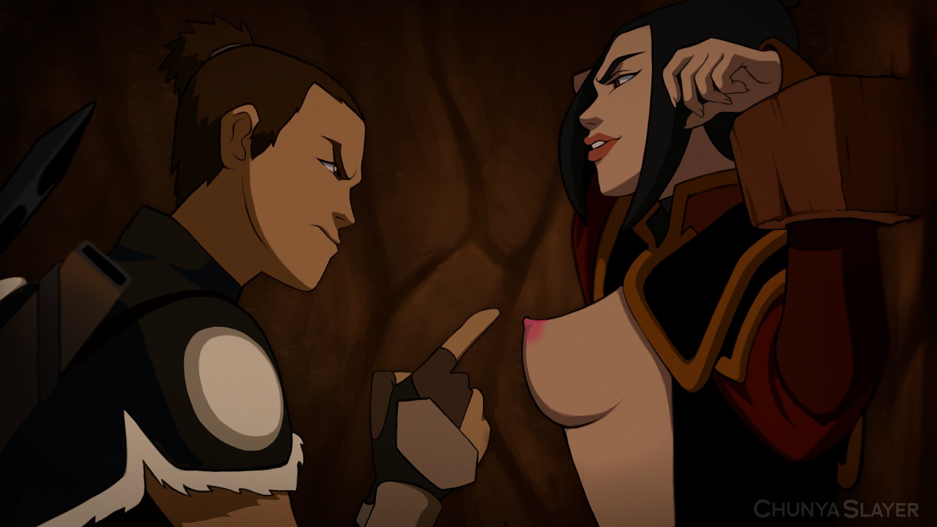 1boy, 1boy1girl, 1girls, 2d, 2d (artwork), accurate art style, artist name, avatar the last airbender, azula, black hair, black hair female, black-haired female, bound to wall, breasts, breasts out, brown hair, brown hair male, brown-haired male, chunyaslayer, nipples, pointing, pointing at another, ponytail, sokka, wrists bound to wall
