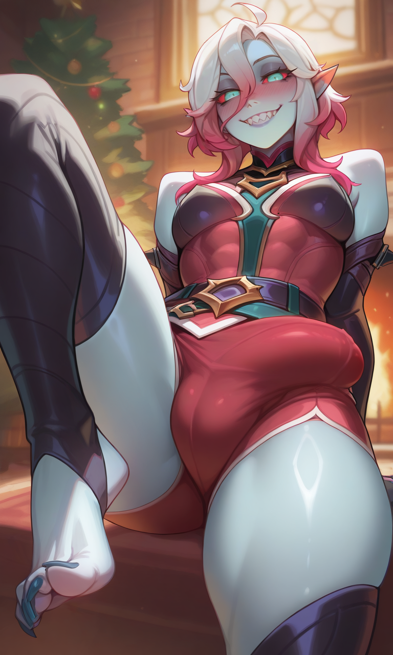 abs, ai generated, briar (league of legends), bulge, bulge under clothes, christmas, christmas outfit, evil grin, evil smile, feet, futanari, gradient hair, large penis, league of legends, league of legends: wild rift, red eyes, sharp teeth, thick thighs, vampire, vampire girl, white hair