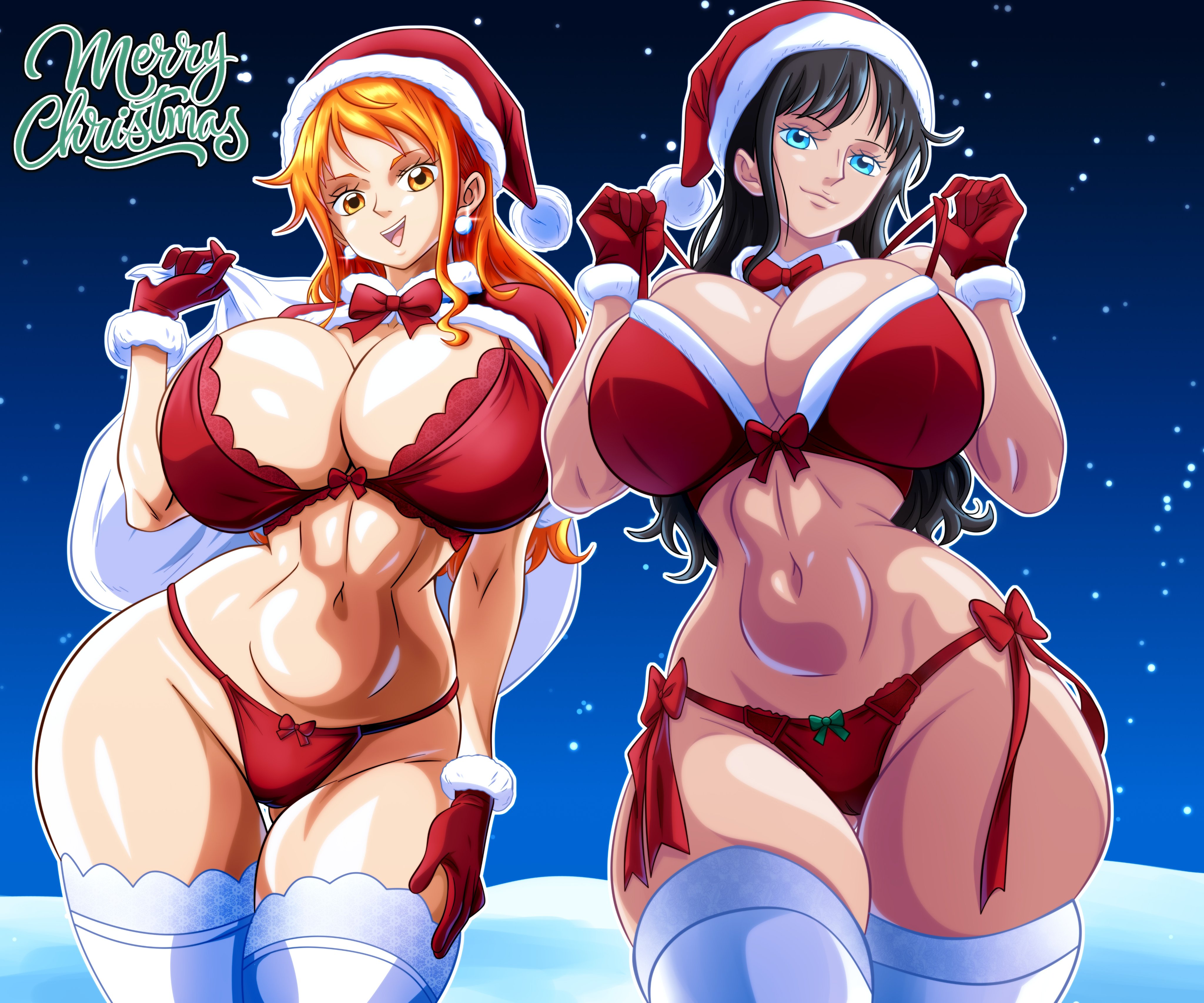 2girls, ass, big ass, big breasts, big butt, big hips, big thighs, bikini, black hair, black-haired female, blue eyes, breasts, breedable hips, brown eyes, caucasian, caucasian female, christmas, christmas clothing, christmas outfit, couple, couple sex, curvaceous, curvaceous female, curvaceous figure, curvy, curvy body, curvy female, curvy figure, female, female only, gigantic ass, gigantic butt, height difference, high quality, high resolution, hips, horse tail, huge ass, huge boobs, huge breasts, huge butt, huge hips, huge thighs, lingerie, long hair, massive areolae, massive ass, massive boobs, massive breasts, massive butt, massive hips, massive thighs, nami (one piece), nico robin, one piece, orange hair, orange-haired female, panties, pussy, santa costume, santa dress, santa hat, santa lingerie, sexy, sexy female, soul-z, soulzartist, thick thighs, thighhighs, thighs, voluptuous, voluptuous female, wide hips, wide thighs