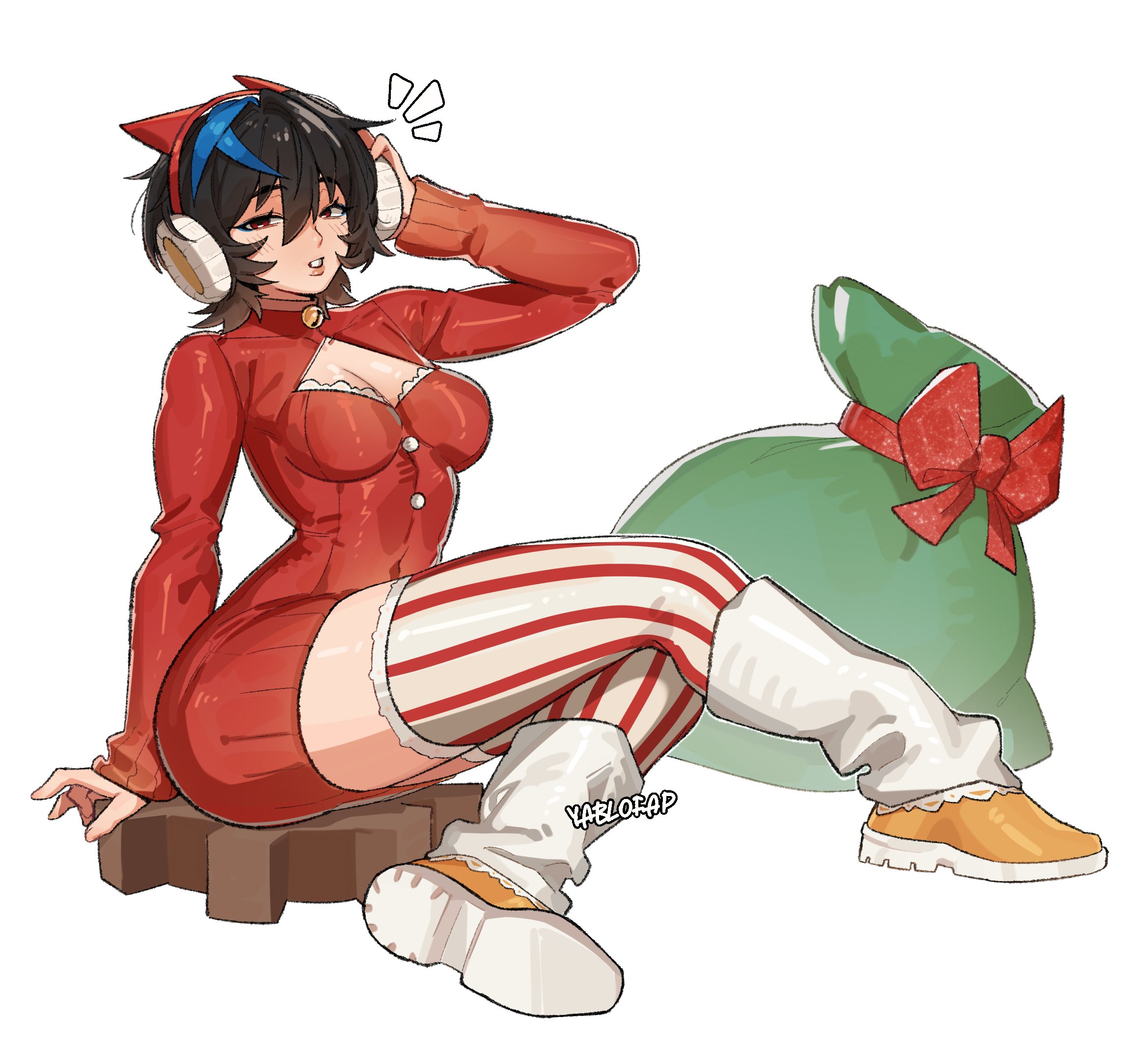 alohapz, bell, bell collar, black hair, boots, breasts, cleavage, collar, female, female only, full body, guilty gear, guilty gear strive, headphones, large breasts, looking at viewer, loose socks, multicolored hair, parted lips, ribbed legwear, short hair, sitting, solo, striped, striped legwear, sweater, thighhighs, unika (guilty gear), vertical stripes, yablofap