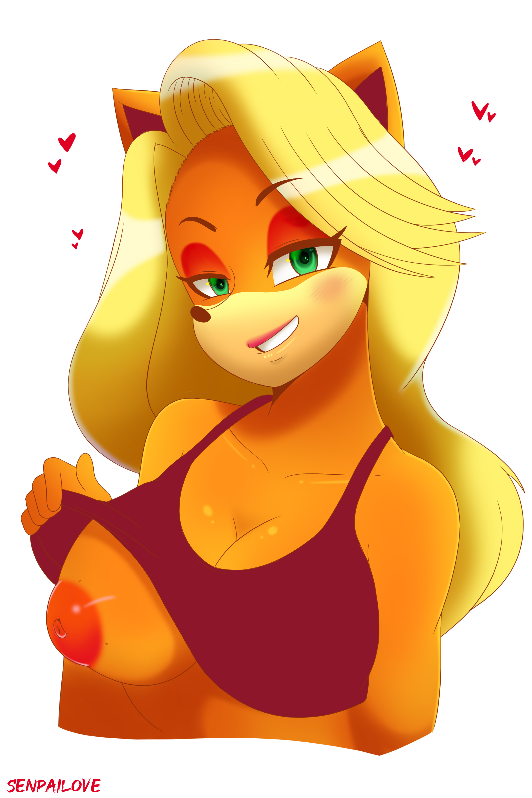 1girls, absurd res, anthro, areolae, artist name, bandicoot, big breasts, blonde hair, breasts, bust portrait, clothing, crash (series), female, female only, furry, furry only, green eyes, hair, heart, highres, long hair, marsupial, nipples, orange fur, senpailove, shirt, shirt lift, solo, tawna bandicoot, video games