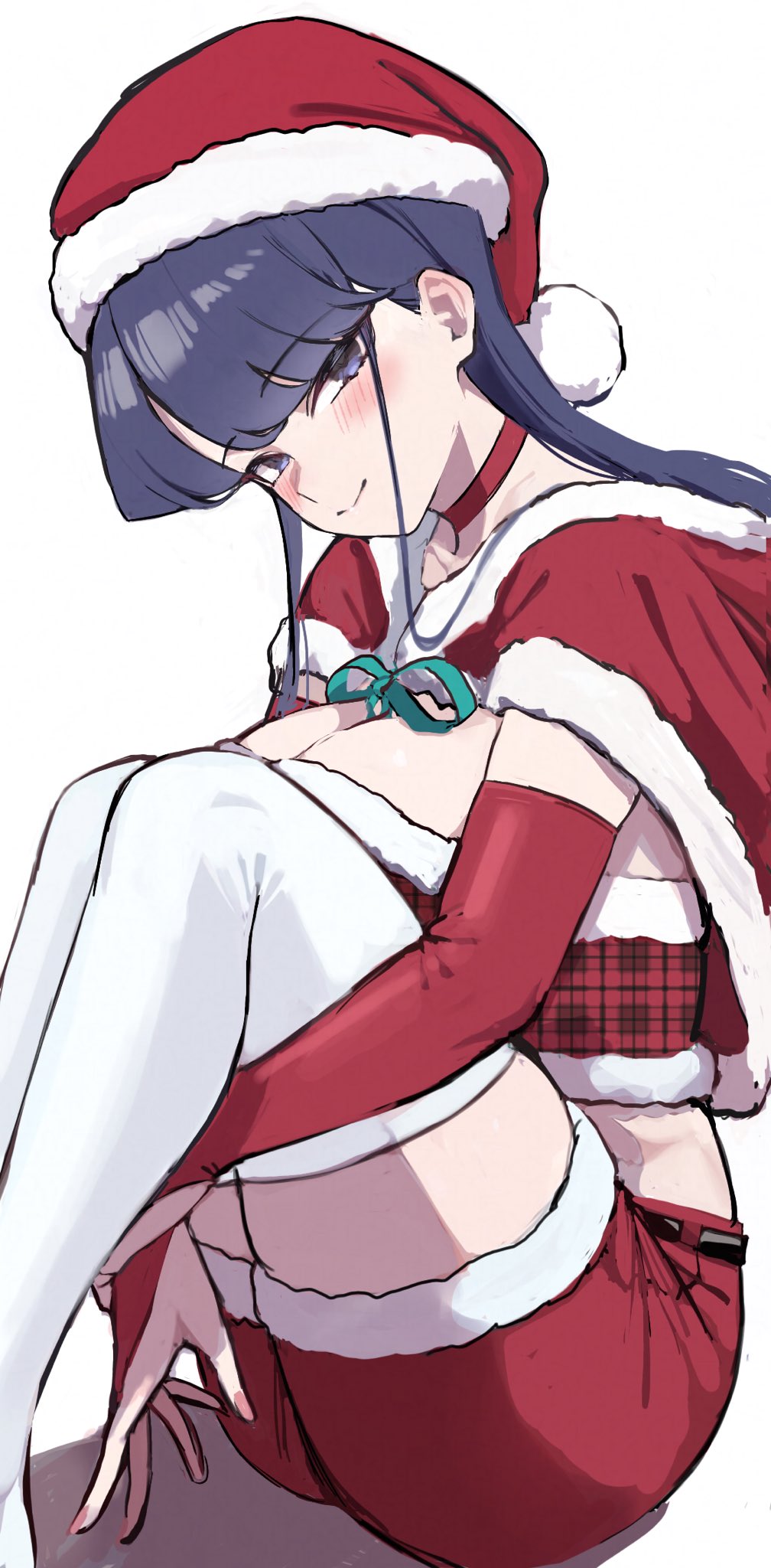1girls, ayatak0517, bangs, big breasts, blue eyes, blush, breasts, capelet, choker, christmas, cleavage, elbow gloves, eyebrows visible through hair, female, female only, fur trim, gloves, green ribbon, hat, komi shouko, komi-san wa komyushou desu, long hair, looking at viewer, neck ribbon, red headwear, red shorts, red skirt, ribbon, santa costume, santa hat, shorts, sitting, smile, solo, thighhighs, white background, white legwear
