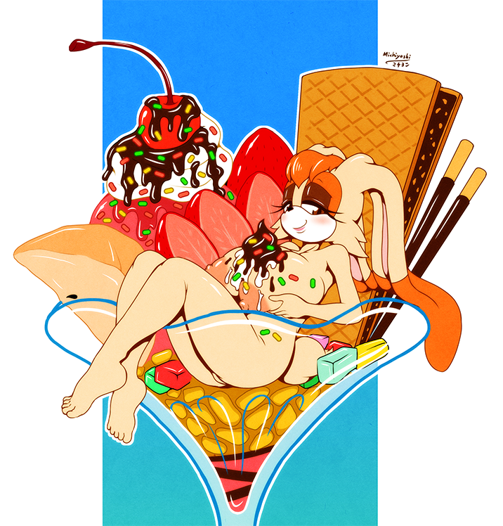 2016, anthro, areola, big breasts, breasts, dessert, erect nipples, female, food, huge breasts, ice cream, lagomorph, mammal, mature female, michiyoshi, mother, nipples, nude, parent, rabbit, sega, solo, sonic (series), sonic the hedgehog (series), vanilla the rabbit