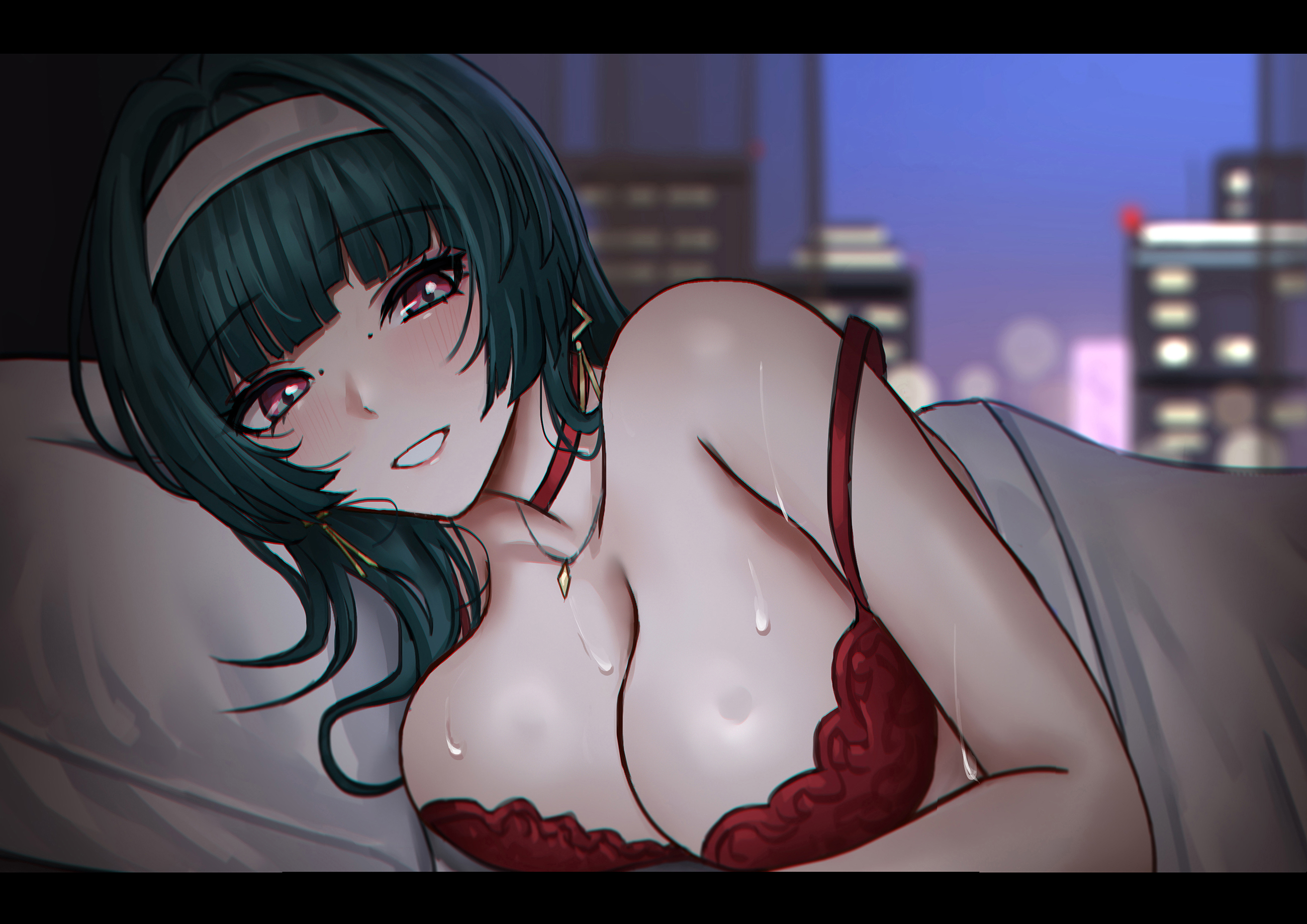 1girls, astra yao, big breasts, black hair, busty, dark hair, female, female only, hoyoverse, huge breasts, in bed, large breasts, light skin, light-skinned female, mihoyo, pov, selcky, zenless zone zero
