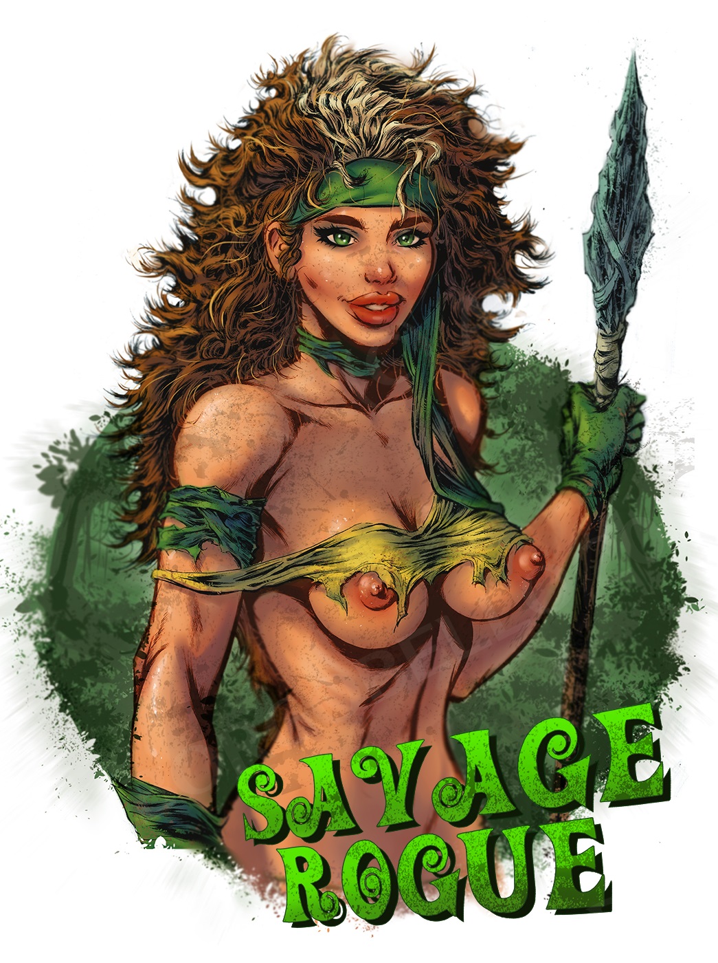 1girls ale_borgobello alternate_costume anna_marie breasts brown_hair character_name costume english english_text female female_only gloves green_eyes highres holding_weapon human large_breasts lipstick long_hair makeup marvel marvel_comics multicolored multicolored_hair mutant navel nipples polearm rogue_(x-men) savage_land silver_hair simple_background solo spear superheroine text torn_clothes two_tone_hair upper_body weapon white_background white_hair x-men