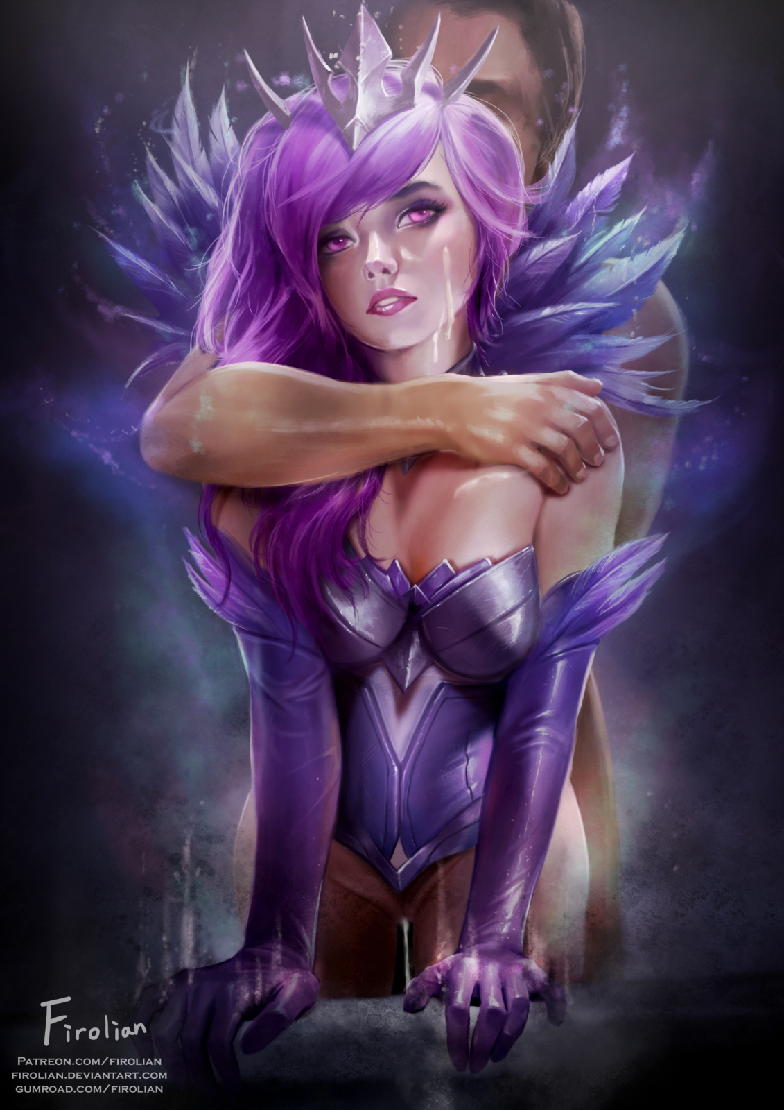 1boy, 1girls, arm support, artist name, bottomless, breasts, brown hair, choker, clothed female nude male, corset, crown, cum, cum on body, cum on face, cum on upper body, duo, elbow gloves, elementalist lux, elementalist lux dark, faceless male, feather trim, feathers, female, firolian, from behind, gloves, highres, human, league of legends, lipstick, long hair, luxanna crownguard, makeup, male, medium breasts, nipples, nude, parted lips, pink eyes, pink lipstick, ponytail, purple hair, pussy, side ponytail, signature, solo focus, straight, tiara