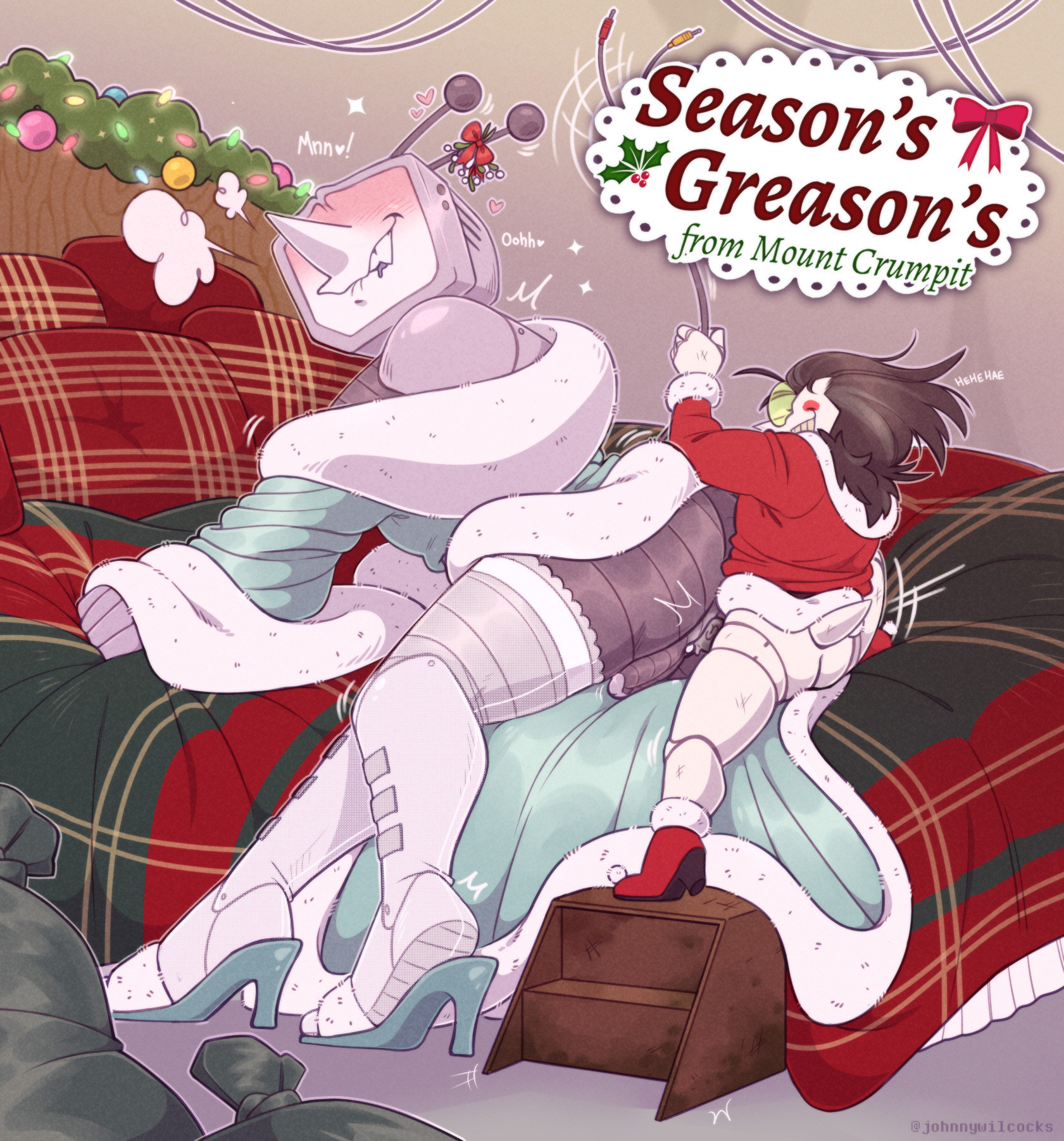 2boys, bathrobe, bedroom, blush, christmas, christmas outfit, color, cuntboy, cuntboy/male, deltarune, deltarune chapter 3, grabbing sheets, grabbing tail, heels, johnnywilcocks, moaning, penetration, shaking, size difference, spamtenna, spamton g spamton, tenna (deltarune), thick thighs