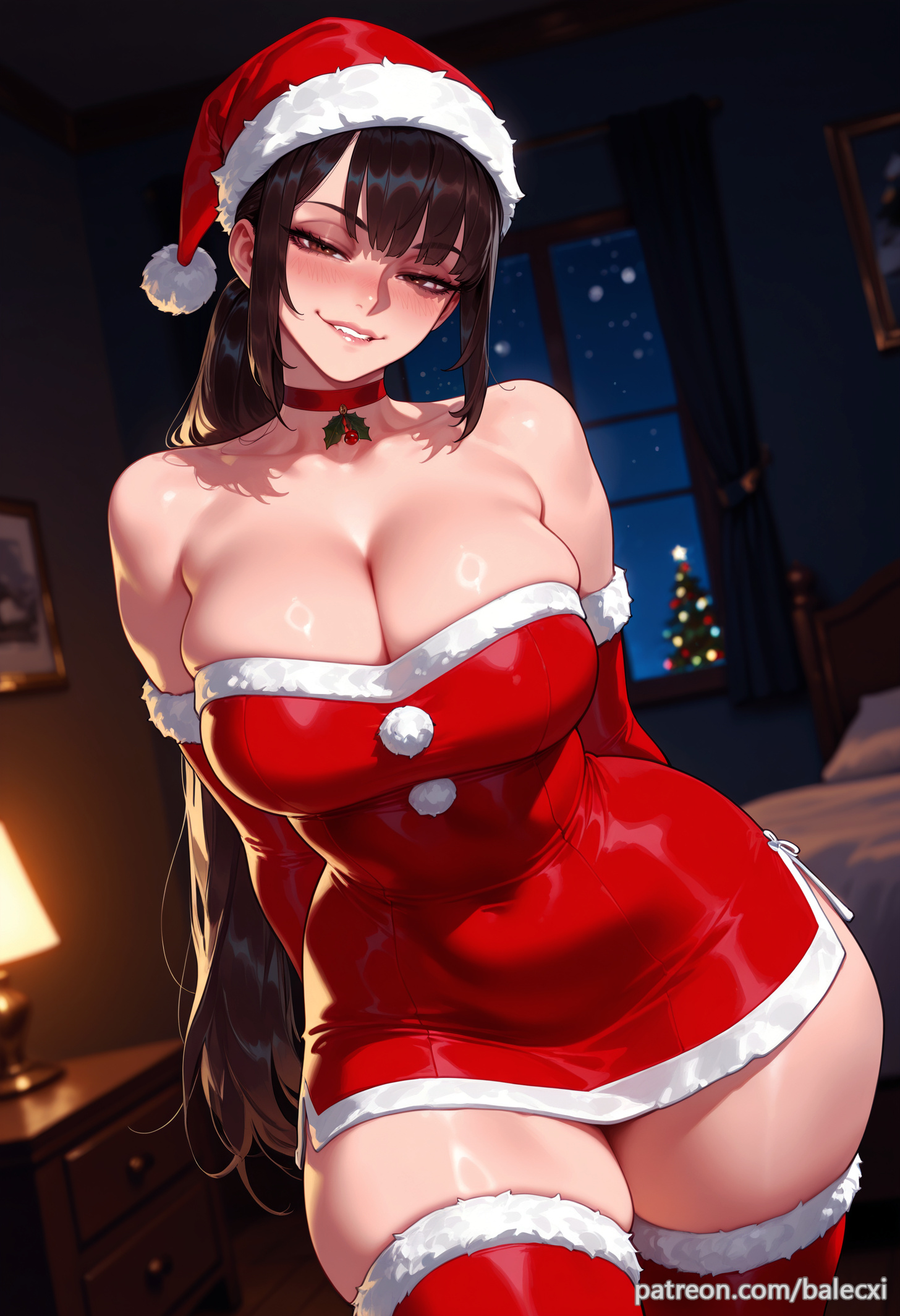ai generated, arms behind back, balecxi, bare shoulders, bed, bedroom, brown eyes, brown hair, christmas, cleavage, collarbone, covered navel, elbow gloves, eve (stellar blade), female, fur trim, indoors, large breasts, long hair, looking at viewer, night, ponytail, red choker, red dress, red gloves, red thighhighs, santa dress, santa hat, short dress, smile, solo, stellar blade, strapless, strapless dress, thick thighs, wide hips, window