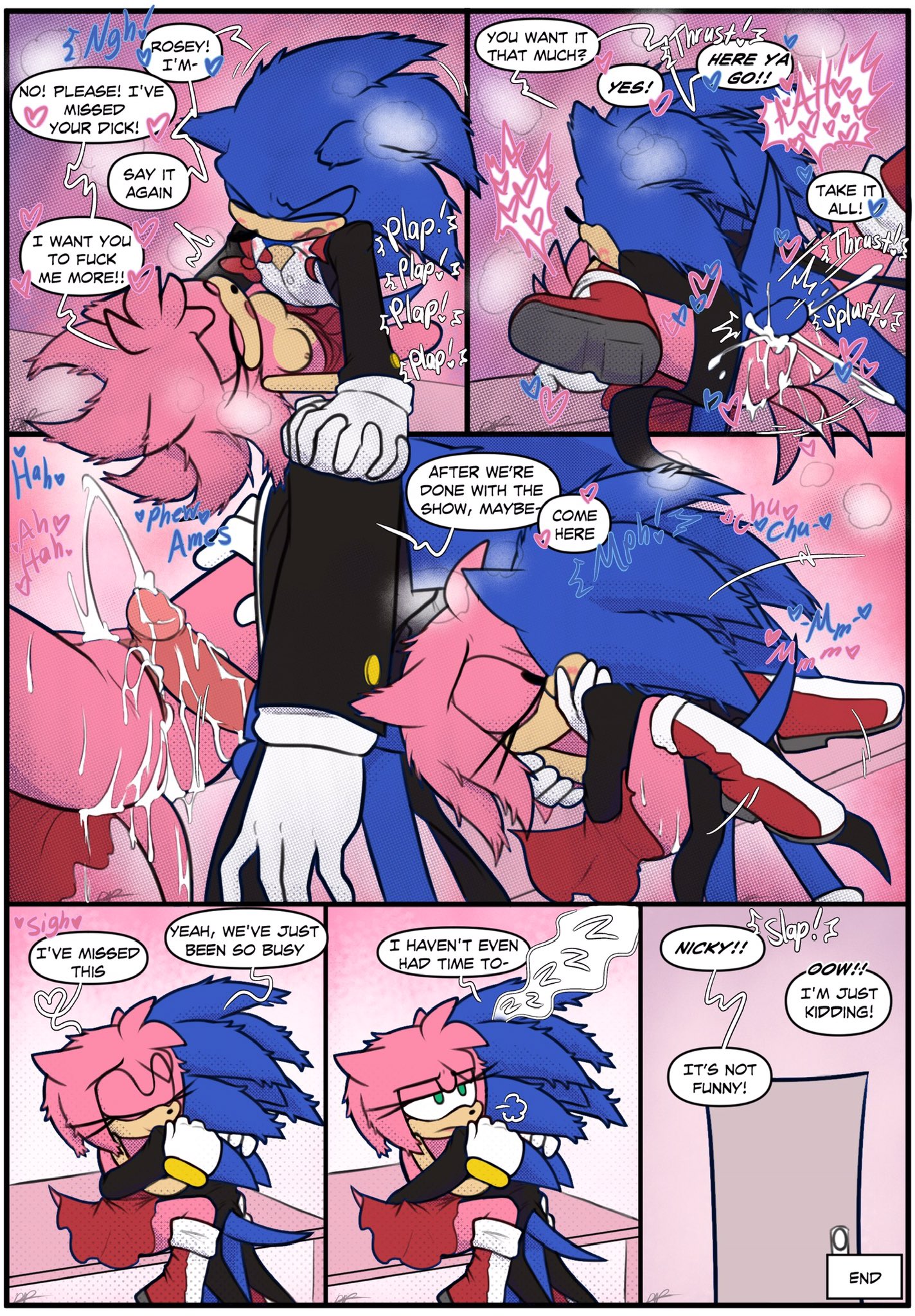 1boy, 1girls, against surface, amarperre, amy rose, anthro, anthro on anthro, anthro only, balls, blue fur, boots, bowtie, breasts, breasts out, clothed, clothed sex, clothing, cock, comic, cuddling, cum, cum in pussy, cum inside, dialogue, dick, dress, english text, erection, female, formal, formal wear, fur, green eyes, hand holding, hugging, interlocked fingers, kissing, kissing while penetrated, leaking cum, male, male/female, missionary position, nipples, penetration, penis, pink fur, plap, pussy, red boots, red bowtie, red dress, red shoes, sega, sex, shoes, sonic (series), sonic the hedgehog, sonic the hedgehog (series), straight, straight sex, suit, text, tuxedo, vagina