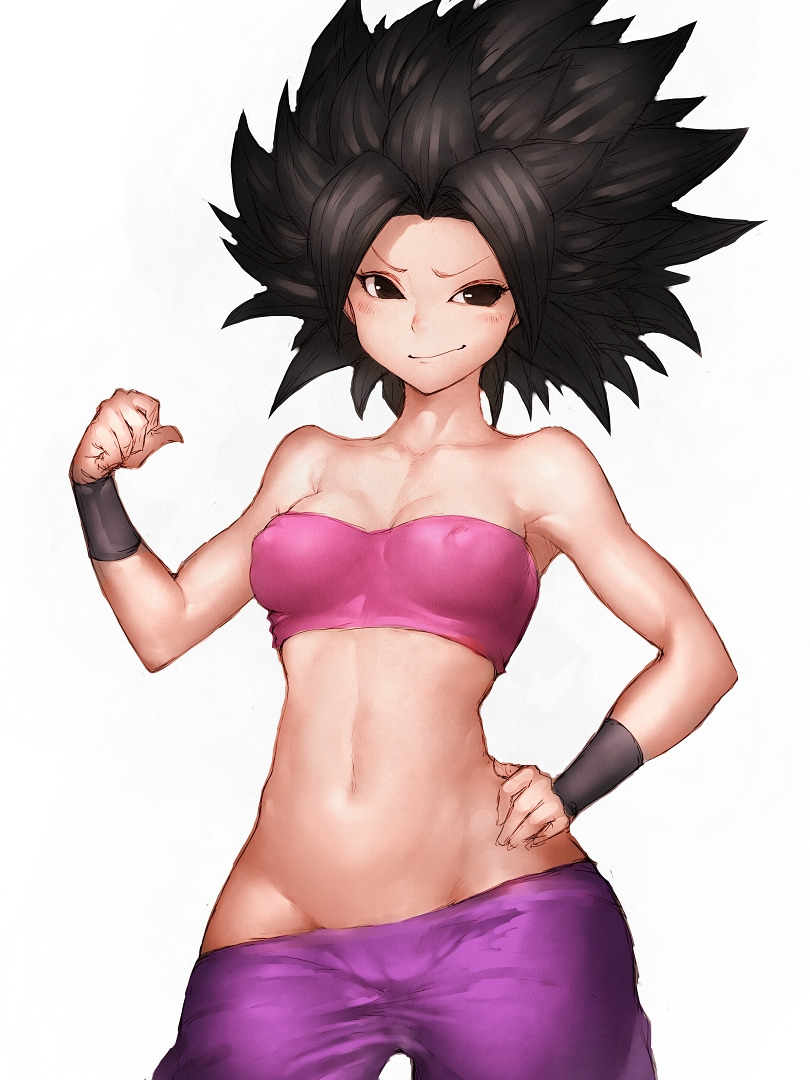 1girls bandeau bare_shoulders belly big_hair black_eyes black_hair blush breasts cameltoe caulifla dragon_ball dragon_ball_super female female_only fumio_(rsqkr) groin hand_on_hip hips light-skinned_female light_skin long_hair looking_at_viewer navel pants_pull saiyan short_hair simple_background small_breasts smile solo spiky_hair standing strapless tubetop white_background