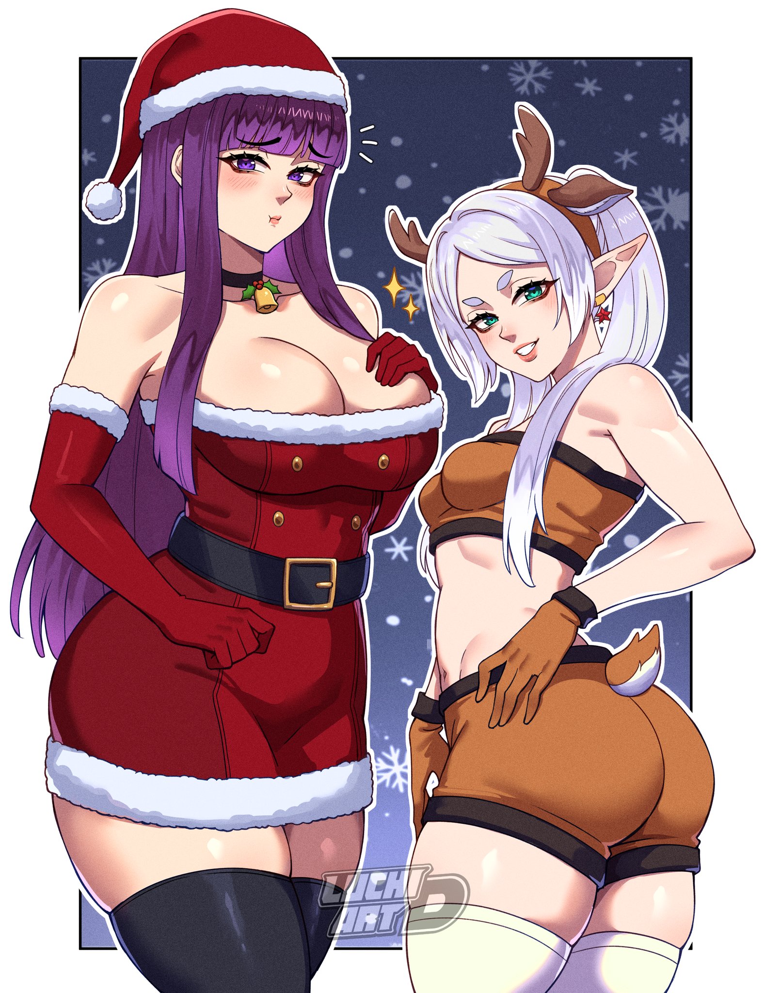 2girls, antlers, ass, bangs, bare shoulders, bell, belt, big ass, big breasts, black legwear, blush, breasts, choker, christmas, cleavage, earrings, elbow gloves, eyebrows visible through hair, female, female only, fern (sousou no frieren), frieren, fur trim, gloves, green eyes, hand on hip, hat, jewelry, large breasts, long hair, looking at viewer, luchidart, midriff, multiple girls, navel, parted lips, pointy ears, purple eyes, purple hair, red gloves, reindeer antlers, reindeer costume, santa costume, santa hat, shorts, smile, sousou no frieren, strapless, strapless dress, thighhighs, thighs
