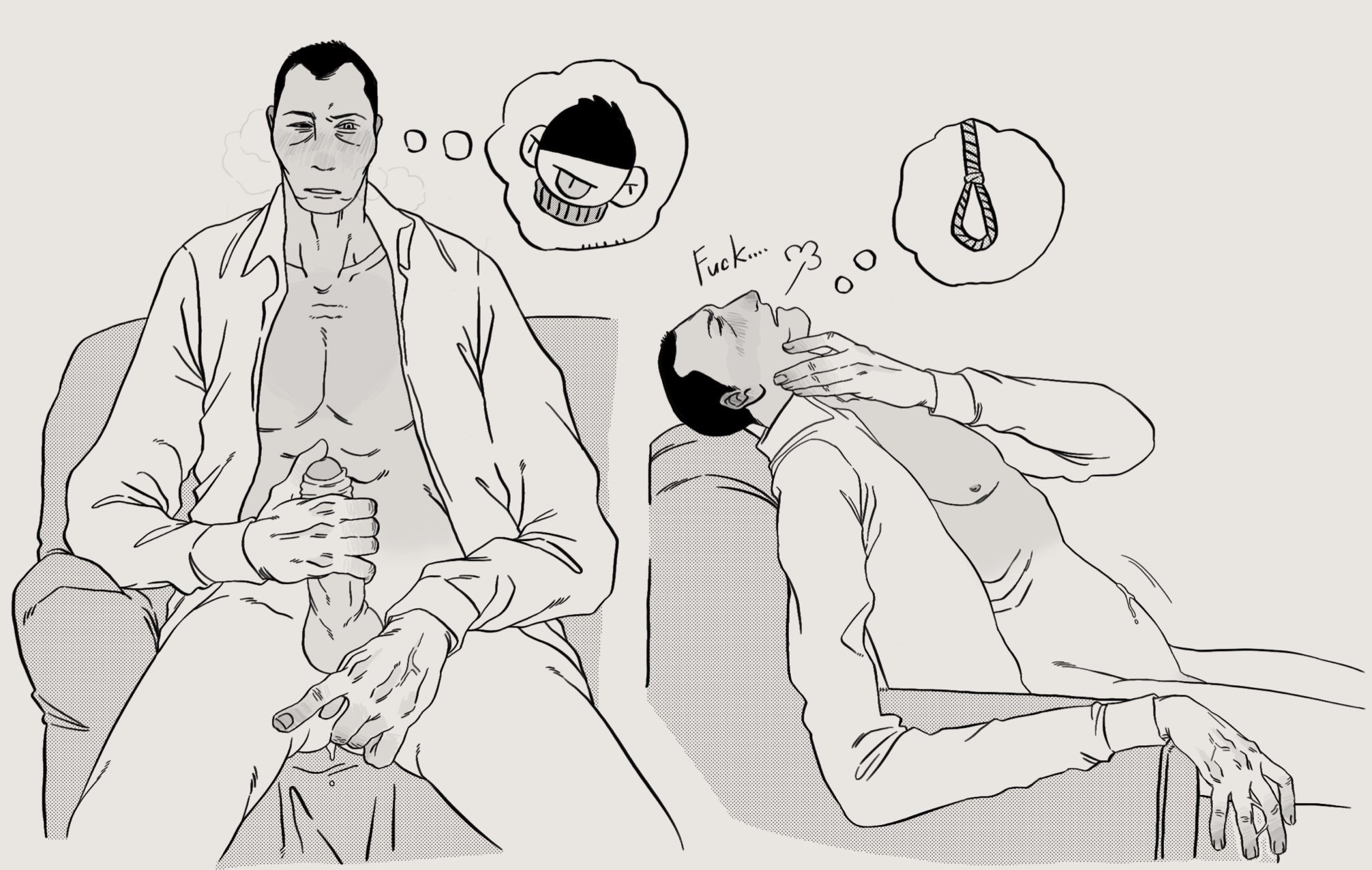 anal fingering, bar guy (no, i'm not a human), blush, bottomless, crickets 404, erection, fingering, fingering self, male, male only, masturbation, monochrome, no, i'm not a human, open shirt, partially retracted foreskin, penis, solo, thought bubble, uncensored, uncircumcised