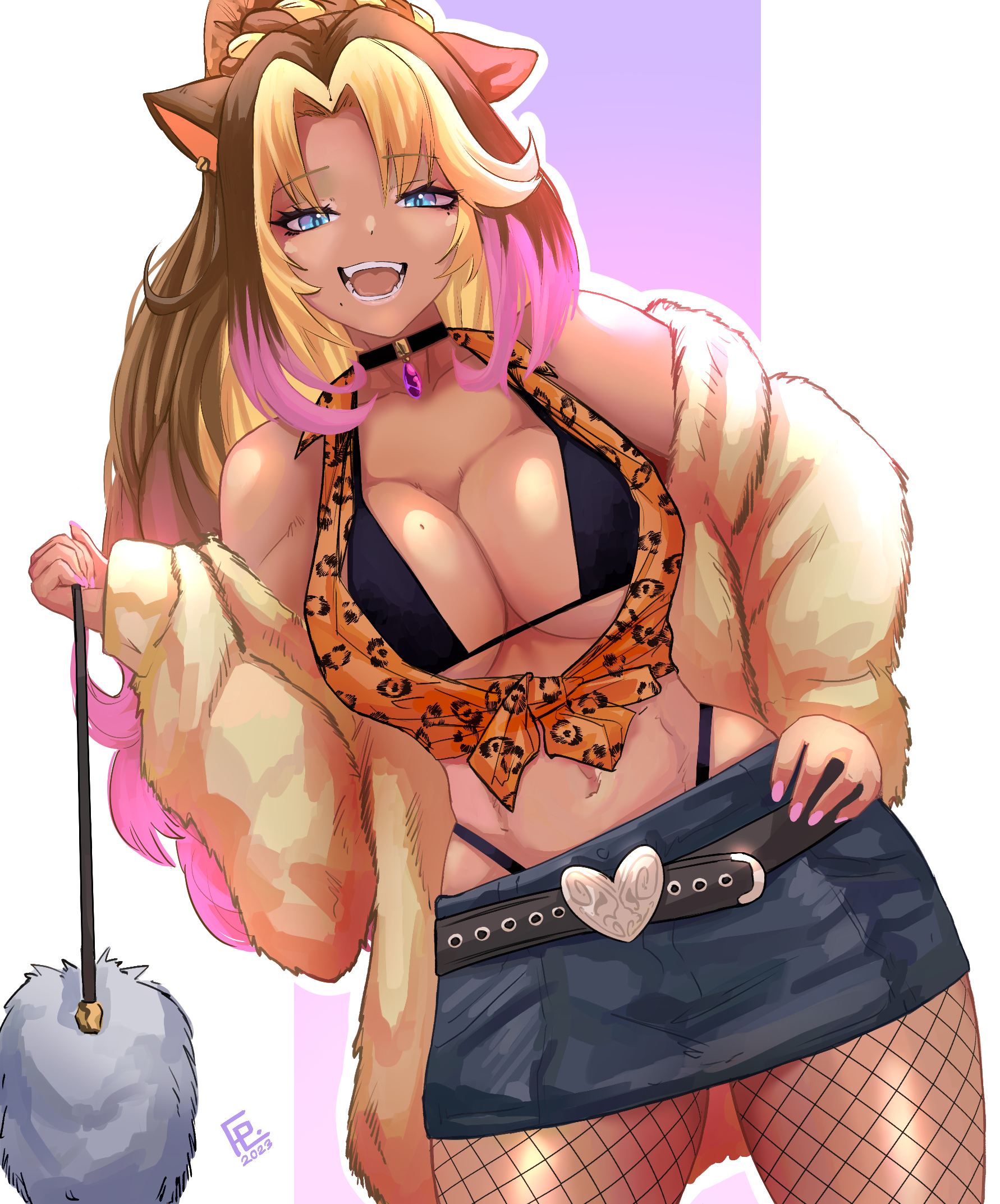 1girls, animal ears, big breasts, blue eyes, breasts, brown hair, catgirl, curvy, curvy female, curvy figure, feindall, female, female focus, female only, front view, gyaru, highres, indie virtual youtuber, latam virtual youtuber, light skin, long hair, looking at viewer, mole, mole on breast, mole under eye, navel, panther girl, pink hair, pink nails, ponytail, sexy, shorts, shura hiwa, simple background, smiling, sweater, tanned, tanned skin, thighs, two-tone hair, virtual youtuber, vjin, vtuber, vtuberfanart