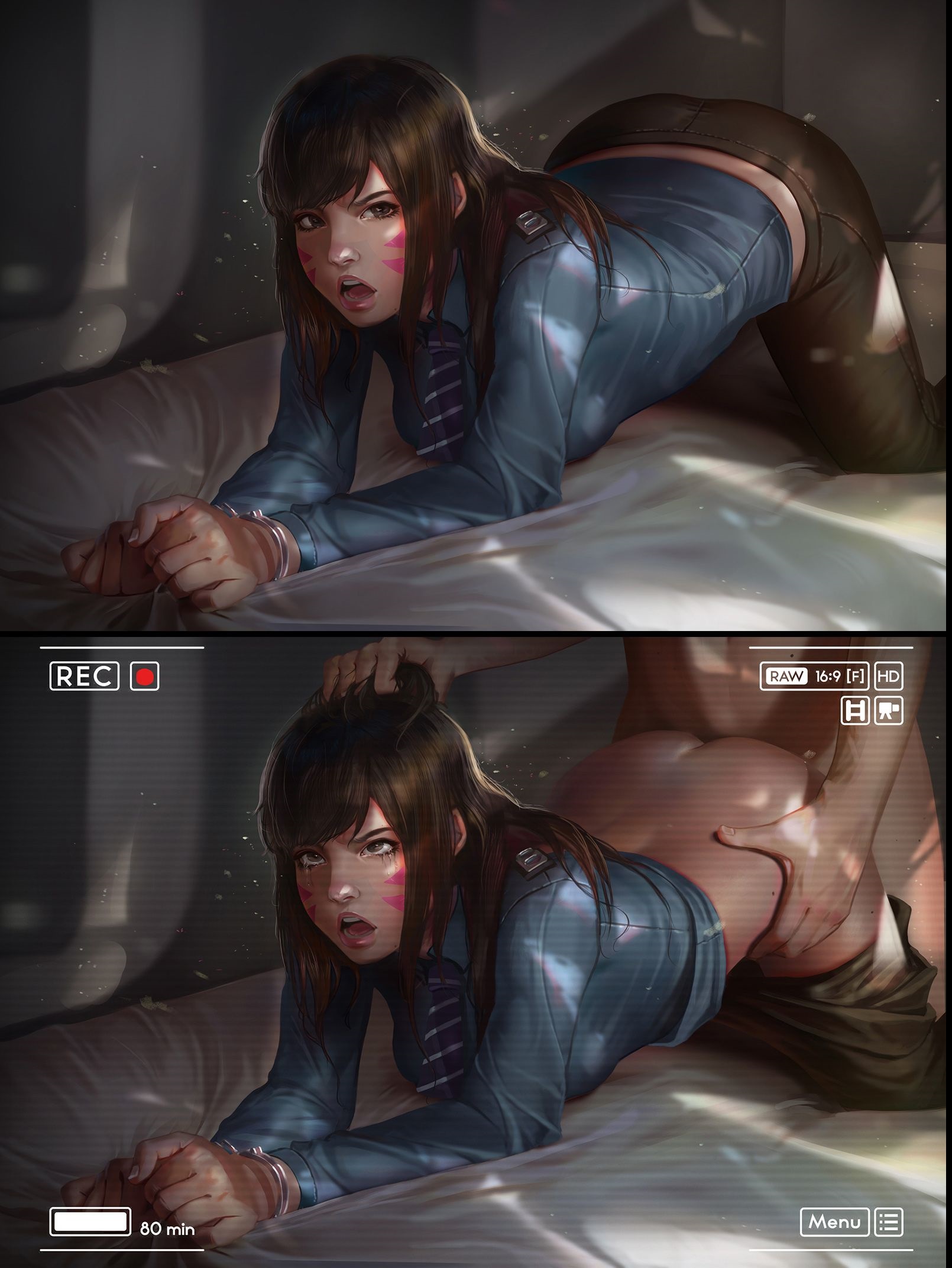 1girls, ahe gao, all fours, alternate costume, animal print, blizzard entertainment, blue necktie, blue shirt, bondage, bound, bound wrists, breast pocket, breasts, brown eyes, brown hair, brown pants, clothed female nude male, clothed sex, collared shirt, cuffs, d.va, dappled sunlight, facepaint, female, hair grab, handcuffs, highres, hoobamon, indoors, long hair, long sleeves, looking at viewer, male, medium breasts, necktie, nude, on bed, open mouth, overwatch, pants, pink lips, pocket, police, police officer d.va, police uniform, policewoman, rape, realistic, sex, shirt, solo, solo focus, striped, striped necktie, sunlight, tears, text, torso grab, uncensored, whisker markings