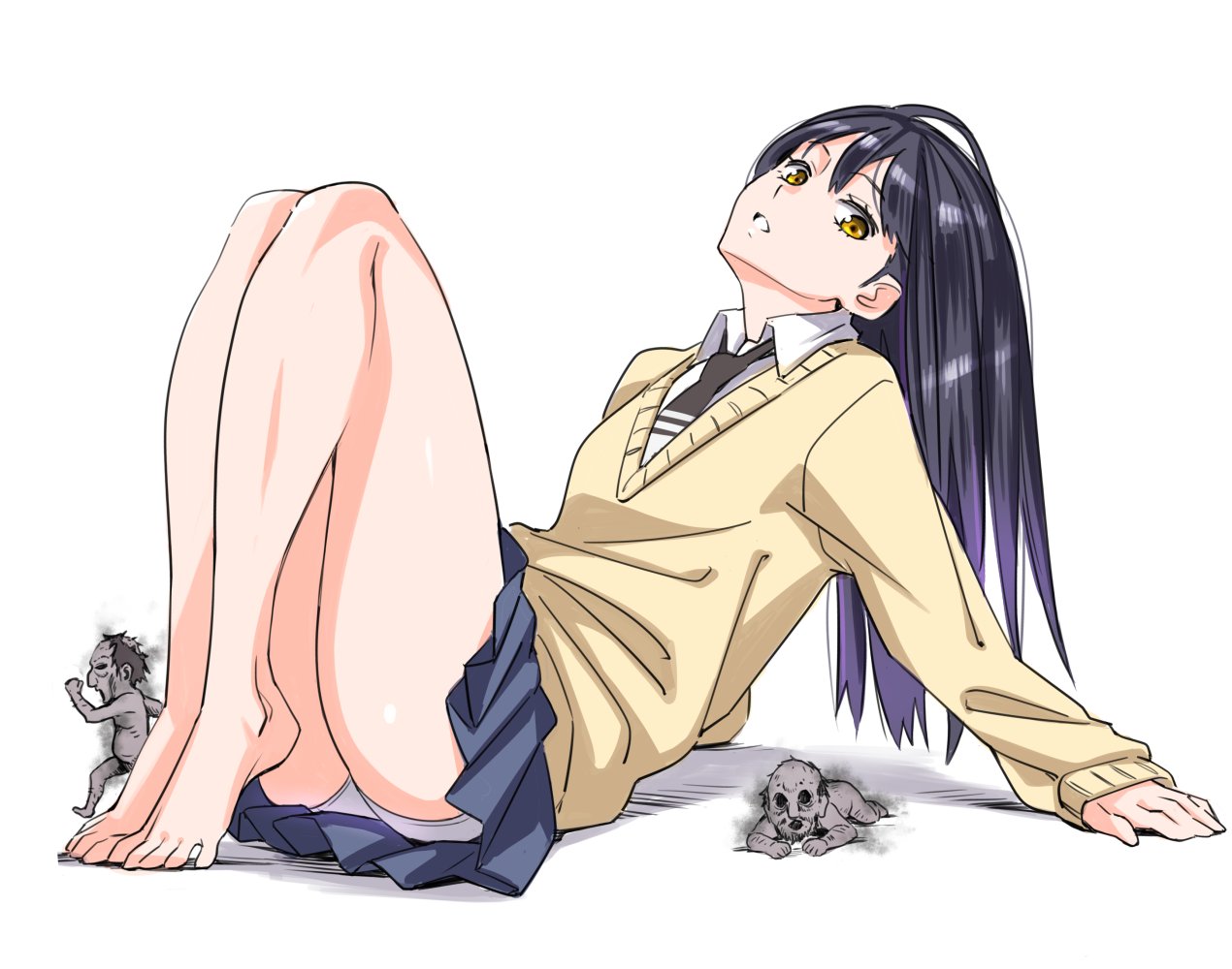 1girls, ankles, ass, ass cheeks, bare legs, bare thighs, barefoot, black hair, feet, feet fetish, feet together, foot fetish, gold eyes, legs together, long hair, mieruko-chan, perfect legs, purple hair, showing off, suzutsuki kurara, sweater, teen, teenager, thick thighs, thighs, toes, yellow eyes, yotsuya miko