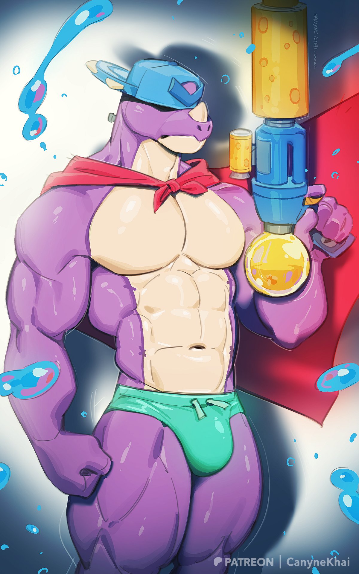 abs, anthro, bara, biceps, big chest, big pecs, bodybuilder, brawl stars, bulge, canyne khai, chest, dinosaur, furry, gay, huge chest, huge pecs, implied urine, muscular, pecs, pierce (brawl stars), speedo, tagme, urine, water, yaoi
