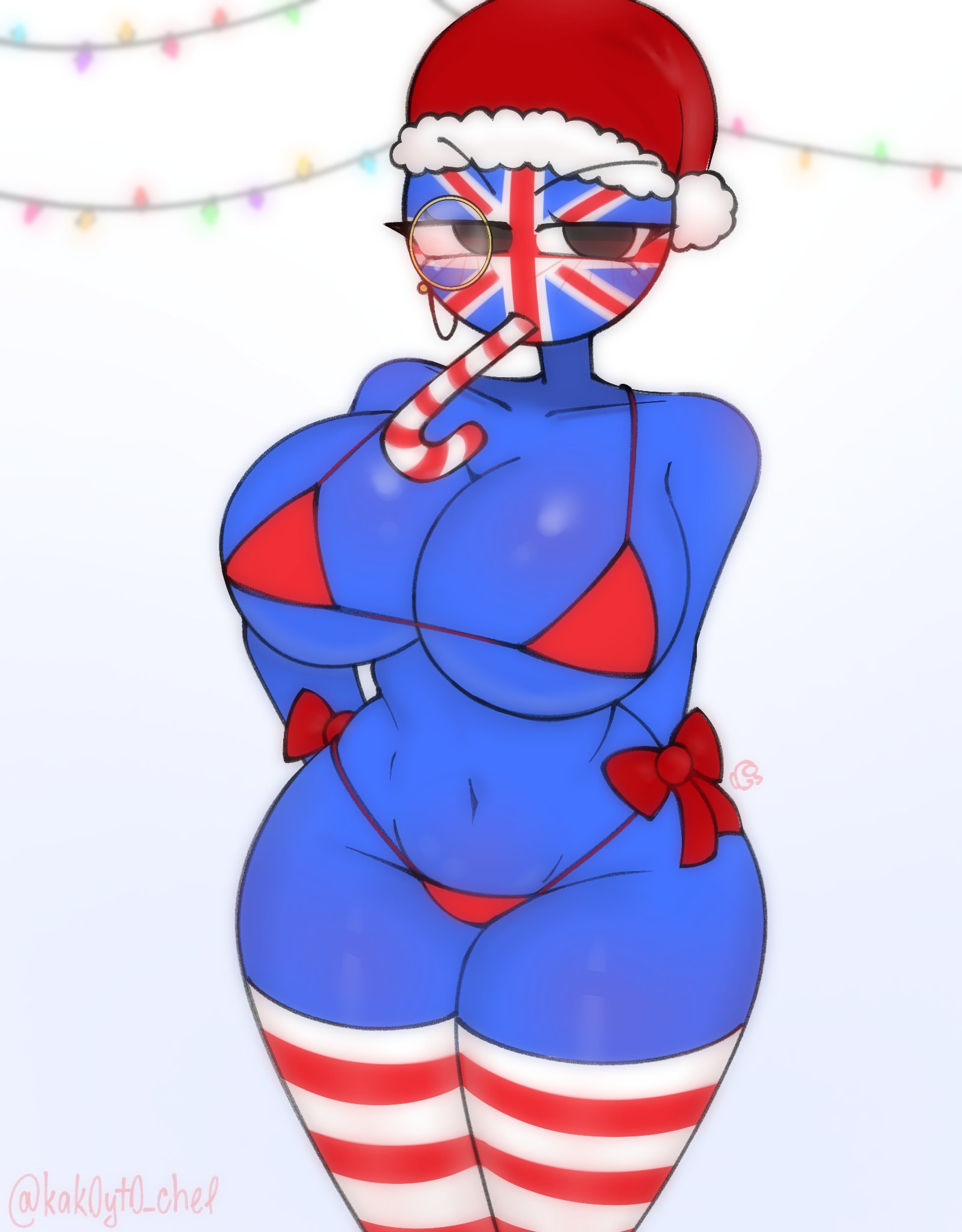 1girls, among us reference, annoyed, bikini, biting, black pupils, blue skin, bow, breasts, candy cane, christmas hat, christmas outfit, countryhumans, countryhumans girl, female, female only, glasses, hat, huge breasts, kak0yt0 chel, long socks, pupils, red bikini, socks, tagme, thicc, united kingdom (countryhumans)