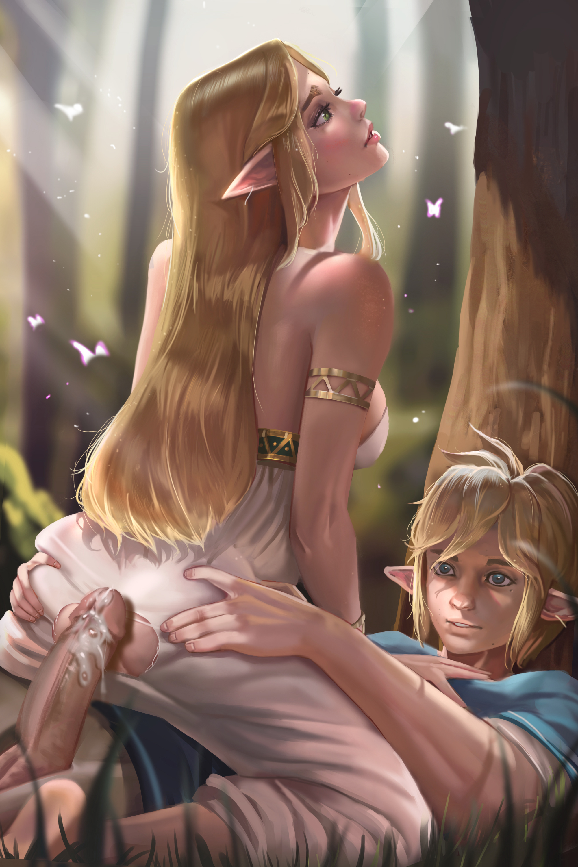 1boy, 1girls, anus, armlet, ass, ass grab, balls, barefoot, blonde hair, blue eyes, blush, bracelet, breasts, breath of the wild, closed eyes, clothed sex, covered breasts, cowgirl position, crotch cutout, cum, cum drip, cum on body, cum on lower body, cum on penis, dress, erection, eyeshadow, fairy, fat mons, feet, female, female on top, grass, happy sex, high resolution, hips, hoobamon, huge penis, hylian, jewelry, large breasts, large penis, legs, light rays, link, link (breath of the wild), lipgloss, lips, long hair, makeup, male, mascara, nintendo, on ground, outdoors, pale skin, parted lips, passionate, penetration, penis, pointy ears, princess, princess zelda, pussy, realistic, sex, sideboob, soles, straddling, straight, strapless, strapless dress, testicles, the legend of zelda, thick lips, thighs, toes, torn clothes, torn dress, tree, uncensored, vagina, vaginal, vaginal penetration, very high resolution, white dress, wings, zelda (breath of the wild), zelda's ceremonial robes