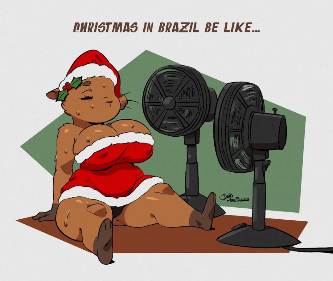 1girls, anthro, big breasts, brazilian, capybara, christmas, fans, female, hi res, huge breasts, joaoppereiraus, pam (joaoppereiraus), png, simple background, simple shading, solo, solo female, sweating, thick thighs, white body, wide hips
