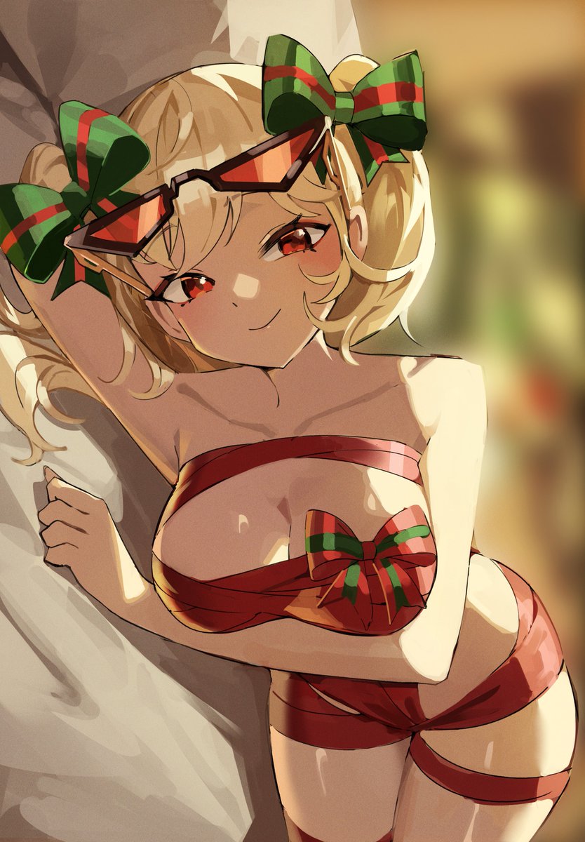 alternate costume, arm up, bare shoulders, black-framed eyewear, blonde hair, blurry, blurry background, bow, breasts, burnice white, closed mouth, collarbone, commentary, eyewear on head, female, female only, green bow, hairbow, highres, large breasts, looking at viewer, lying, naked ribbon, on bed, on side, ppangchil, red eyes, red ribbon, red-tinted eyewear, ribbon, short twintails, smile, solo, sunglasses, tinted eyewear, twintails, zenless zone zero
