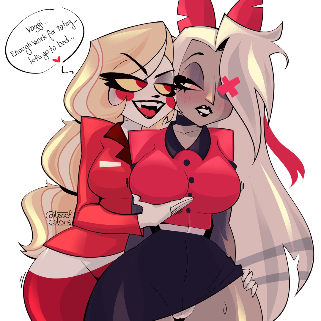 2girls, blonde female, blonde hair, canon couple, charlie morningstar (hazbin hotel), eyepatch, groping, hazbin hotel, lesbian, smirk, tagme, teaofcolors, text, touching, vaggie (hazbin hotel), wide hips, yuri