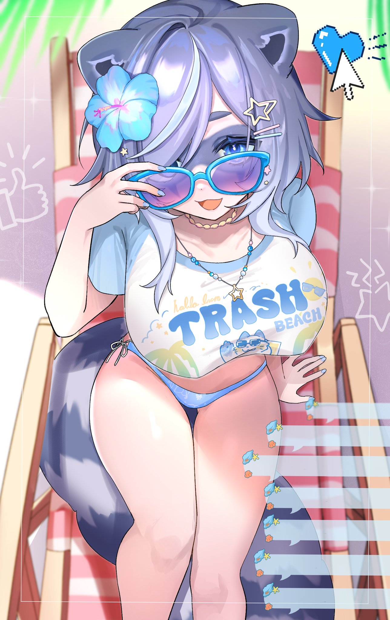 3am, adjusting eyewear, animal ears, bikini, bikini bottom only, blue bikini, blue eyes, blue flower, blue nails, breasts, commentary, cursor, female, flower, grey hair, hair flower, hair ornament, hairpin, heart, highres, jewelry, large breasts, looking over eyewear, looking over sunglasses, massive breasts, multicolored hair, necklace, open mouth, oyu (oy234u), purple-tinted eyewear, raccoon ears, raccoon girl, raccoon tail, shell, shirt, sitting, smile, snuffy, solo, star (symbol), star hair ornament, star necklace, streaked hair, sunglasses, swimsuit, symbol-only commentary, tail, thigh gap, thumbs up, tinted eyewear, virtual youtuber, vtuber, white shirt