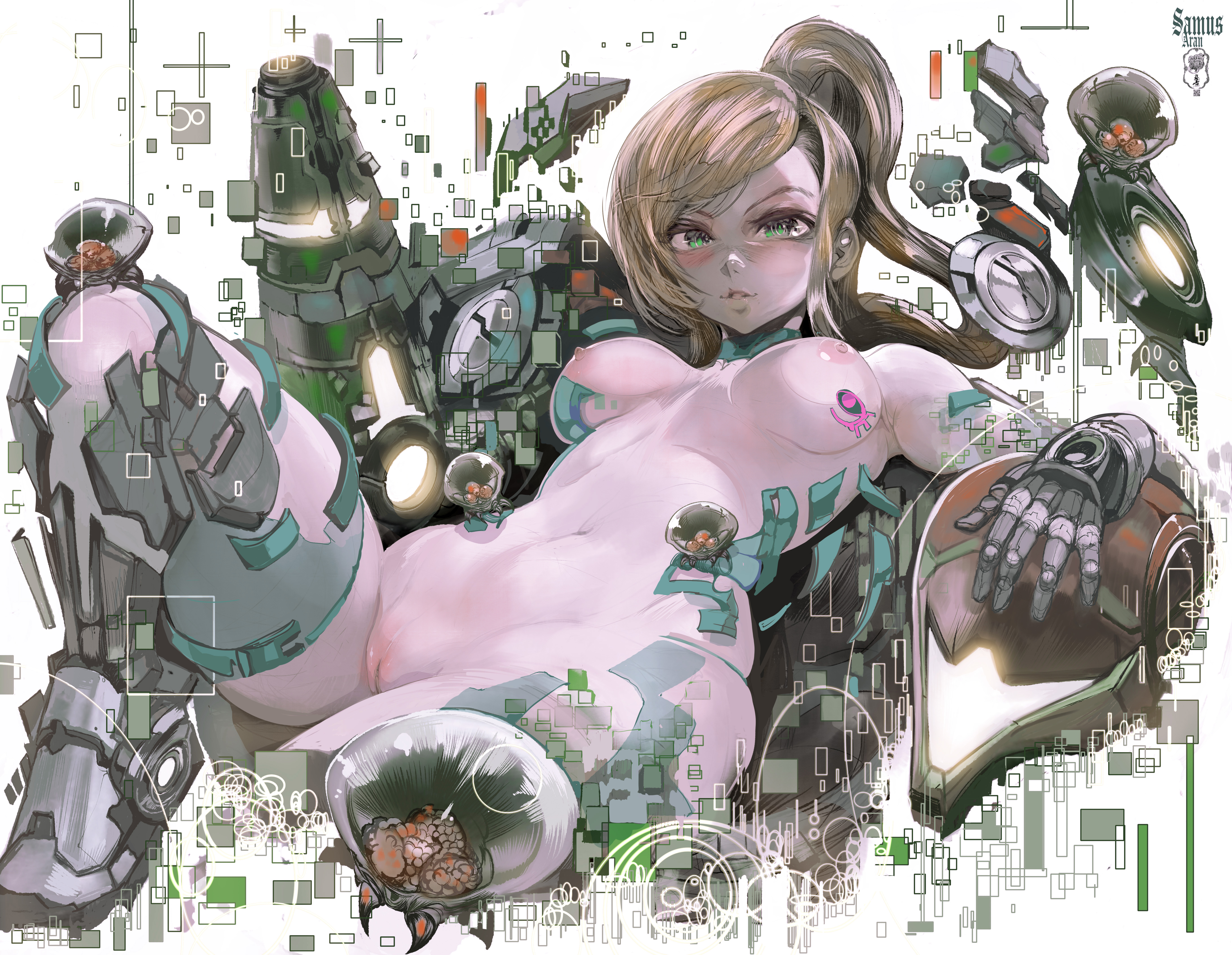 1girls, abs, blonde hair, blue eyes, breasts, cameltoe, cleavage, eyelashes, eyelashes visible through hair, eyes visible through hair, female, female only, large breasts, metroid, metroid (creature), muscles, muscular, muscular female, nintendo, nipples, parkjinsuky, ponytail, pussy, samus aran, solo, solo female, spread legs, thick thighs, toned, toned body, toned female