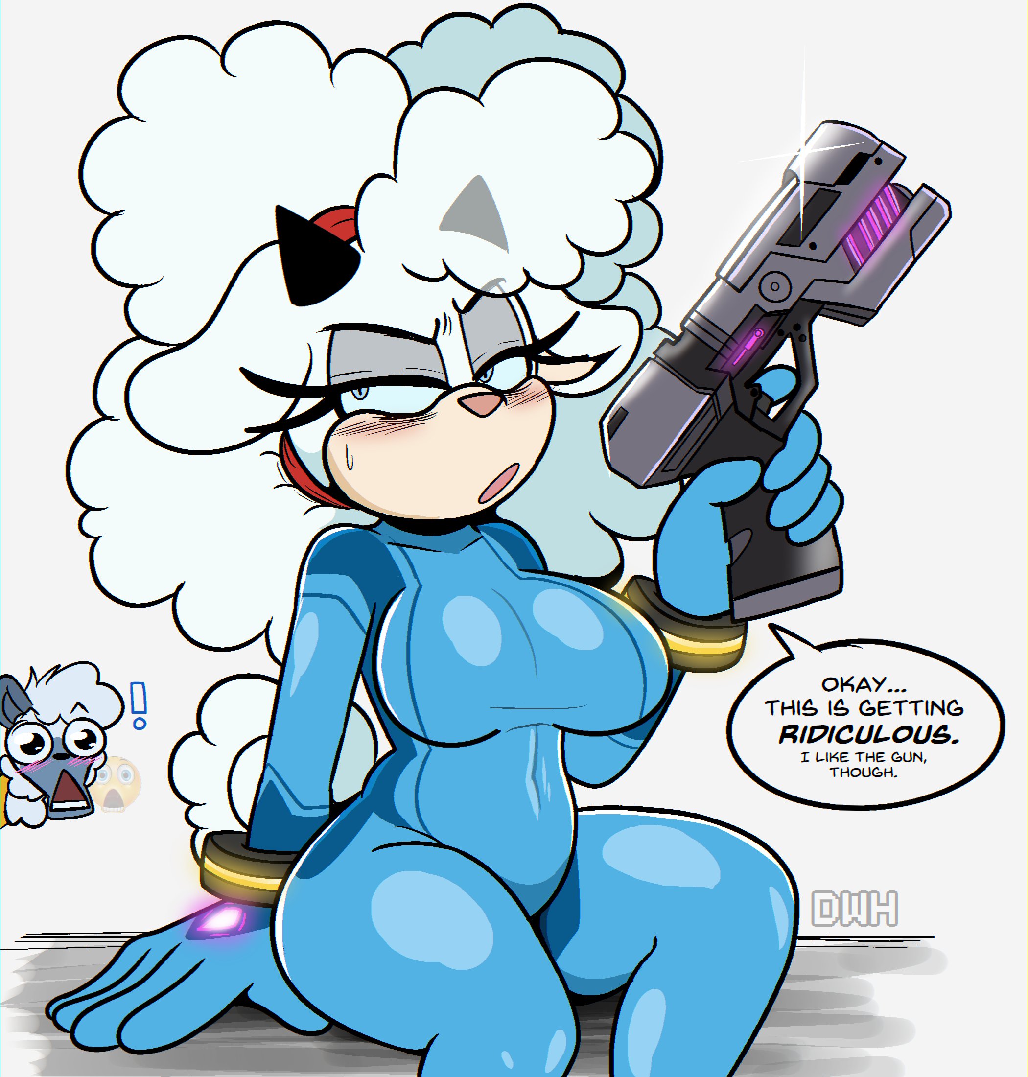 2d, 2d artwork, 2girls, anthro, anthro female, big breasts, blue eyes, blush, bodysuit, cosplay, darkwolfhybrid, female, fur, gun, horn, horns, idw publishing, lanolin the sheep, lemur, samus aran (cosplay), sega, sheep, sheep girl, sheep humanoid, skin tight, skintight, skintight bodysuit, solo, solo female, solo focus, sonic (series), sonic the hedgehog (comics), sonic the hedgehog (idw), sonic the hedgehog (series), tail, tangle the lemur, text, text box, text bubble, white fur, white hair, wool (fur), zero suit