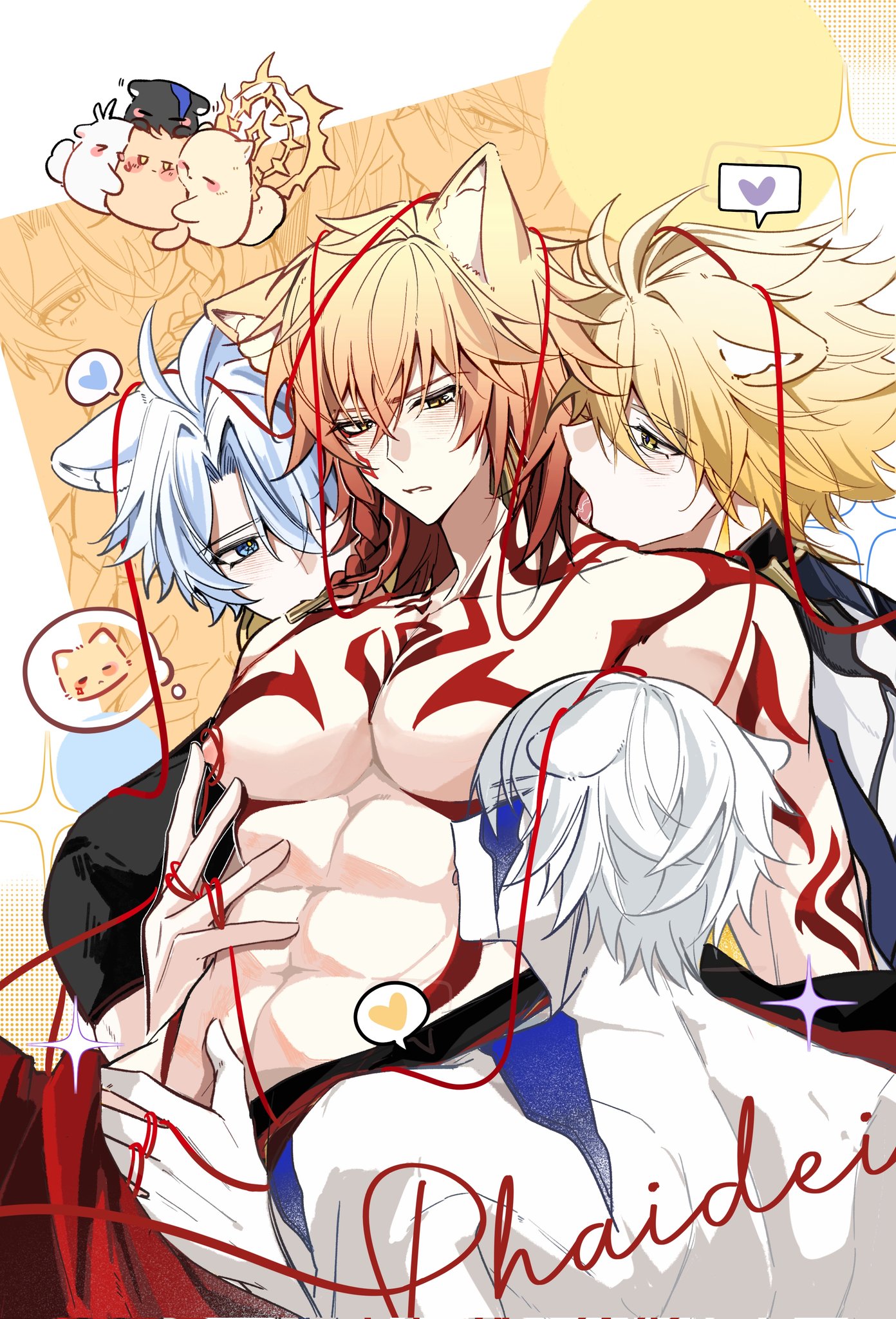 4boys, abs, animal ears, antenna hair, arm tattoo, blonde hair, blue eyes, blush, braid, chest tattoo, closed eyes, cracked skin, dog boy, dog ears, facial tattoo, flame reaver (honkai: star rail), flame reaver of the deepest dark, gay, gradient hair, heart, honkai (series), honkai: star rail, khaslana (honkai: star rail), licking, long hair, male, male focus, male only, multicolored hair, multiple boys, multiple persona, mydei (honkai: star rail), nipple rub, nipple stimulation, parted bangs, phainon (honkai: star rail), red hair, red tattoo, short hair, side braid, spoken heart, tattoo, toned, toned male, white hair, yaoi, yellow eyes