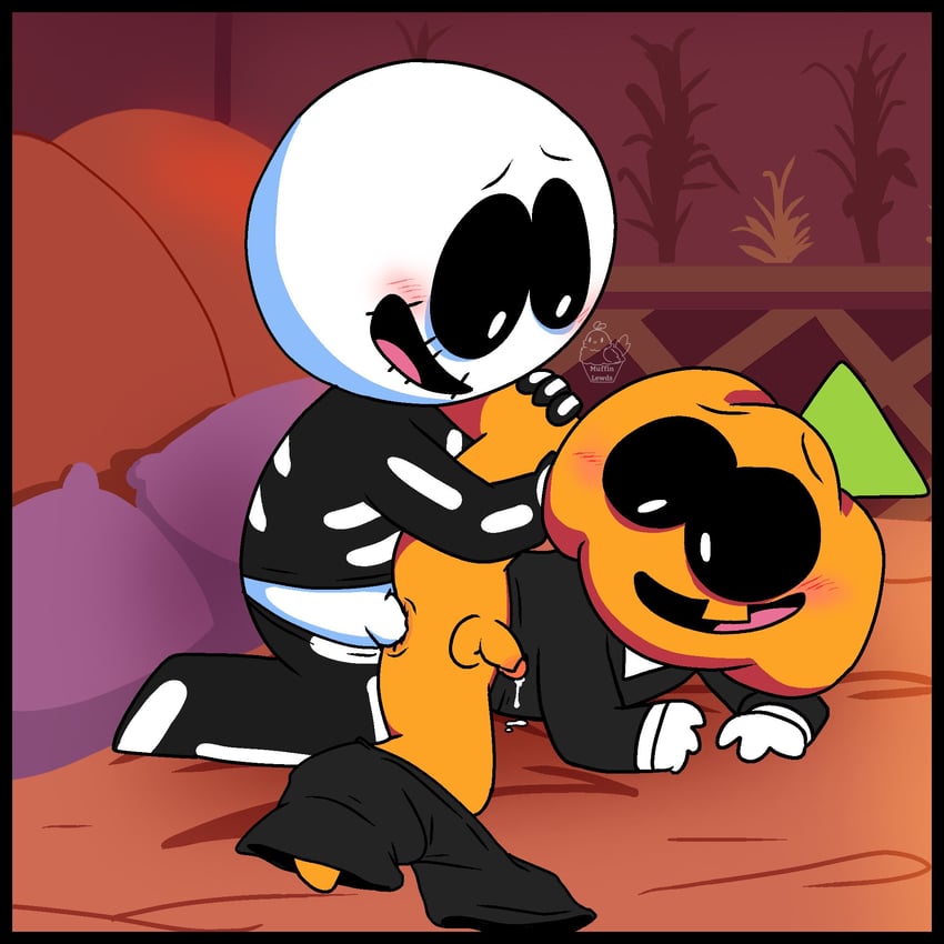 2d, 2d (artwork), 2d artwork, anal sex, bed, gay, gay anal, gay male, gay sex, muffinlewds, penetration, pump (srpelo), skid (srpelo), spooky month, watermark, yaoi, young on young