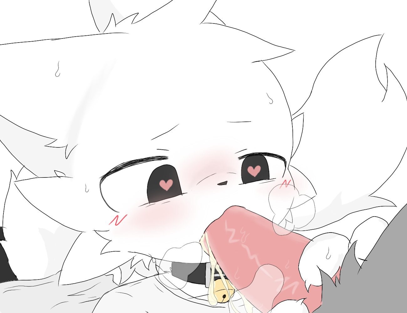 :3, :3 face, 2males, animal ears, animal genitalia, animal penis, anthro, anthro on anthro, anthro on male, bed, bedroom, bell collar, black collar, black eyes, blowjob, boy, boykisser, breath, breath cloud, breathing, breathing heavily, clawed fingers, claws, claws out, collar, couple, creampie, cum, cum in mouth, cumming, cumming in mouth, cumming while penetrating, cumshot, cute, cute boy, cute couple, cute eyes, cute face, cute male, dog ears, dog furry, dominant anthro, dominant male, embarrassed, embarrassed expression, embarrassed furry, femboy, finger claws, fluids, fur, furry, furry male, furry only, gray fur, heart-shaped pupils, in bed, in bedroom, male on anthro, male on male, on bed, on knees, pink tongue, silly cat (mauzymice), simple background, simple coloring, simple shading, submissive, submissive anthro, submissive male, sucking, sucking dick, sucking penis, sweat on face, sweating, tail, tongue, tongue out, tongue out blowjob, under sheets, white background, white fur, white sclera, white tail, zoom in, zoomed in, zoomed view