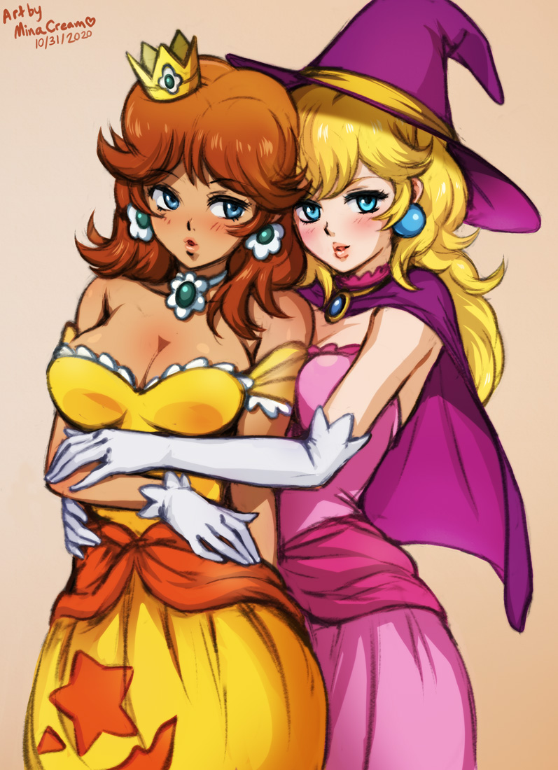 2girls, arms around another, artist name, blonde female, blonde hair, blonde hair female, blonde-haired female, blue eyes, blush, breasts, bridal gauntlets, brown hair, brown hair female, brown-haired female, cape, choker, cleavage, clothed, crown, earrings, elbow gloves, female, female only, gloves, hat, light skin, light-skinned female, long hair, looking at viewer, looking to the side, mario (series), minacream, nintendo, pink dress, princess daisy, princess peach, simple background, sleeveless dress, tan skin, tan-skinned female, white gloves, witch costume, witch hat, yellow dress