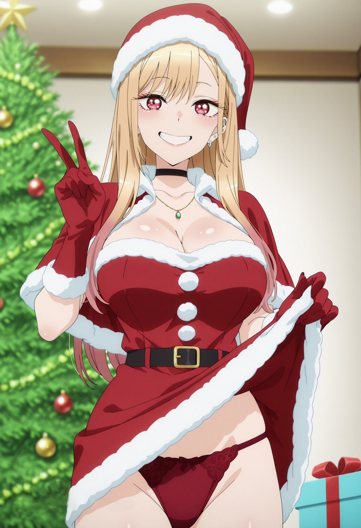 1girls, ai generated, bangs, belt, blonde hair, blurry, blush, breasts, choker, christmas, christmas tree, cleavage, collarbone, depth of field, dress, earrings, eyebrows visible through hair, female, female only, fur trim, fur-trimmed dress, gift, gloves, grin, hat, indoors, jewelry, kitagawa marin, large breasts, long hair, looking at viewer, my dress up darling, panties, red eyes, red gloves, santa costume, santa hat, smile, solo, sono bisque doll wa koi wo suru, teeth, underwear, v