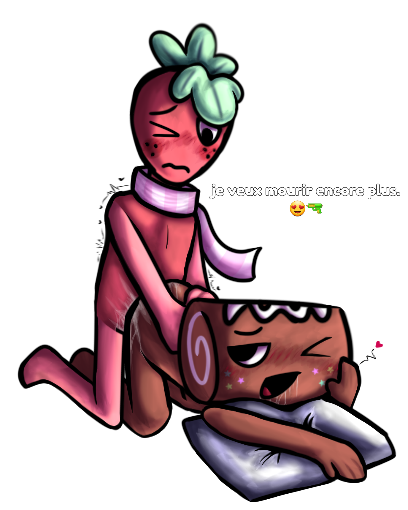 blush lines, cosmo (dandy's world), cum in ass, dandy's world, doggy style, drooling, freckles, gay, grabbing waist, half lidded eyes, hand on cheek, heart symbol, one eye closed, pillow, presenting hindquarters, pressing hand against back, shy, sprout (dandy's world), star freckles, tagme, taking it all
