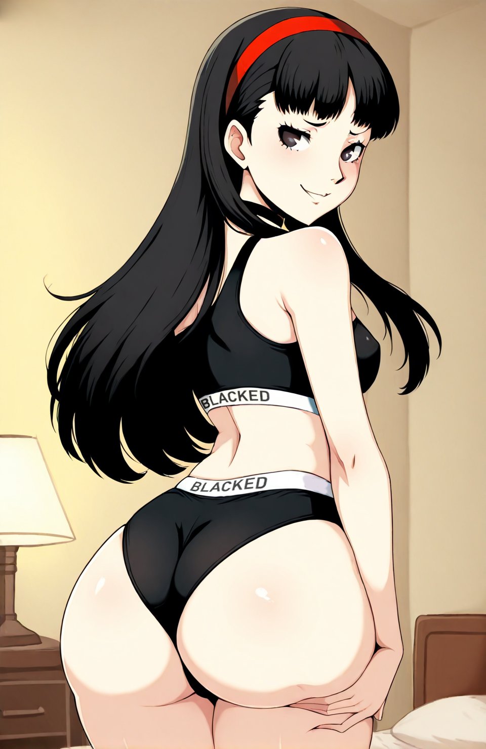 1female, 1girls, ai, ai art, ai assisted, ai generated, ai-created, amagi yukiko, asian, asian female, ass, ass focus, ass grab, black hair, blacked, blacked clothing, blackedcommiss1, fair skin, female, looking at viewer, pale skin, persona, persona 4, persona 4 the golden, solo, solo female, solo focus, yukiko amagi