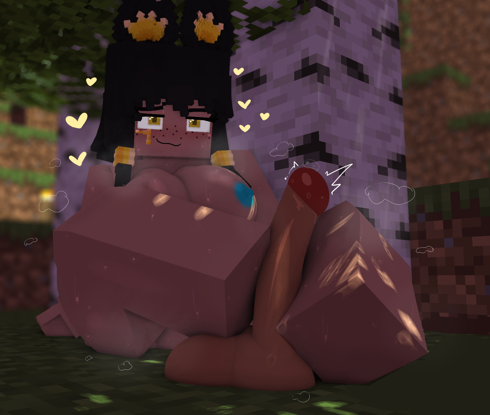 1girls, amelia raevert, amelia-raevert, anubian jackal, balls, black hair, blocky body, breasts, erection, flustered, footjob, glans, gold jewelry, grass, grass field, high resolution, highres, looking at viewer, mine-imator, minecraft, mistpirit, nipples, oc, original, original character, outdoor nudity, outdoors, outside, penis, sitting, sitting on floor, smug, steam, tree, twitching penis
