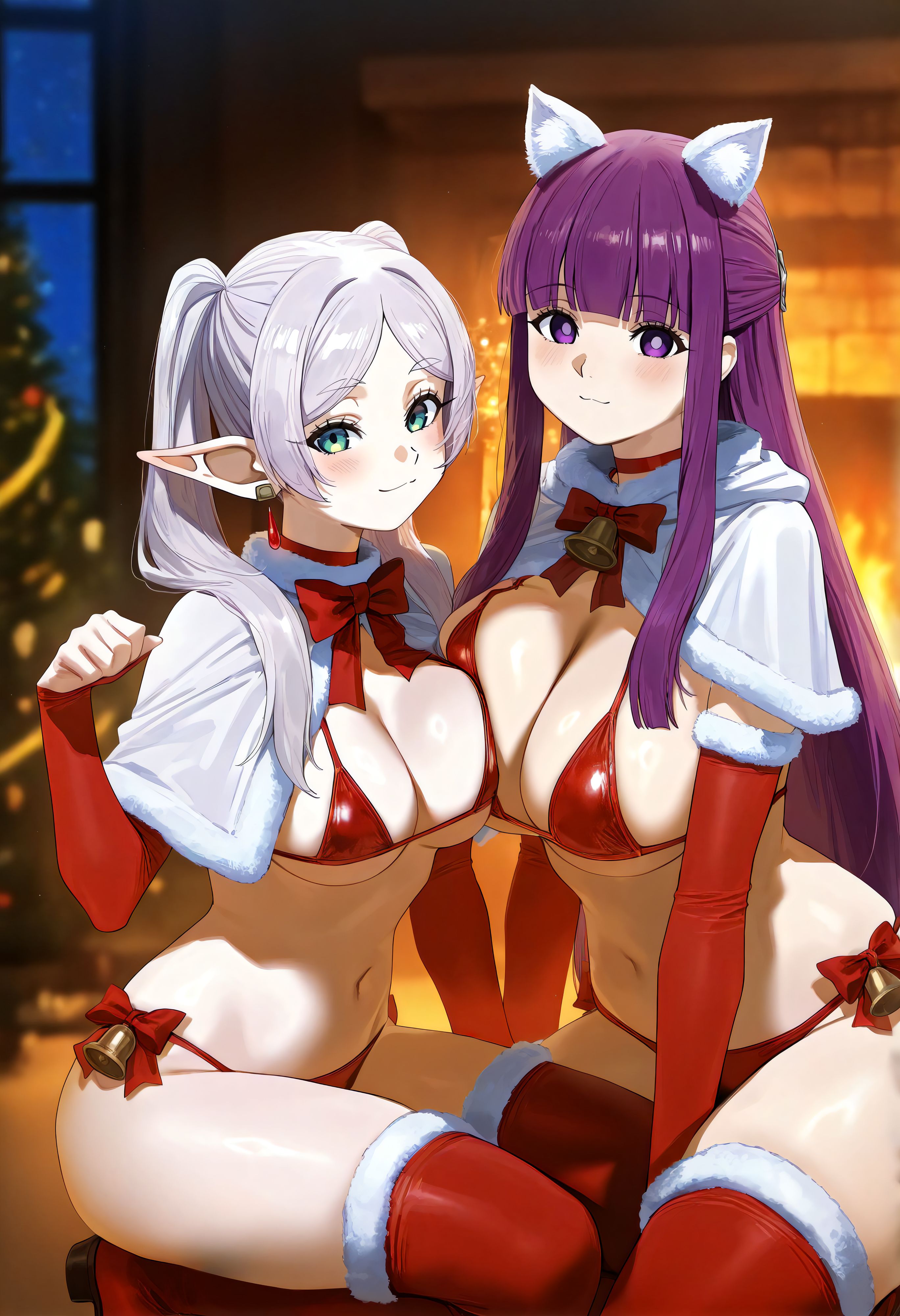 2girls, ai generated, bare thighs, big breasts, cat ears, christmas, cyan eyes, elf, elf ears, elf female, female, female only, fern (sousou no frieren), frieren, gigantic breasts, gintoai, huge breasts, huge thighs, light skin, light-skinned female, lingerie, long hair, looking at viewer, massive breasts, multiple girls, oiled body, oiled skin, purple eyes, purple hair, smiling, sousou no frieren, squatting, sweat, sweatdrop, thick body, thick female, thick thighs, thighs, twintails, voluptuous, voluptuous female, white hair
