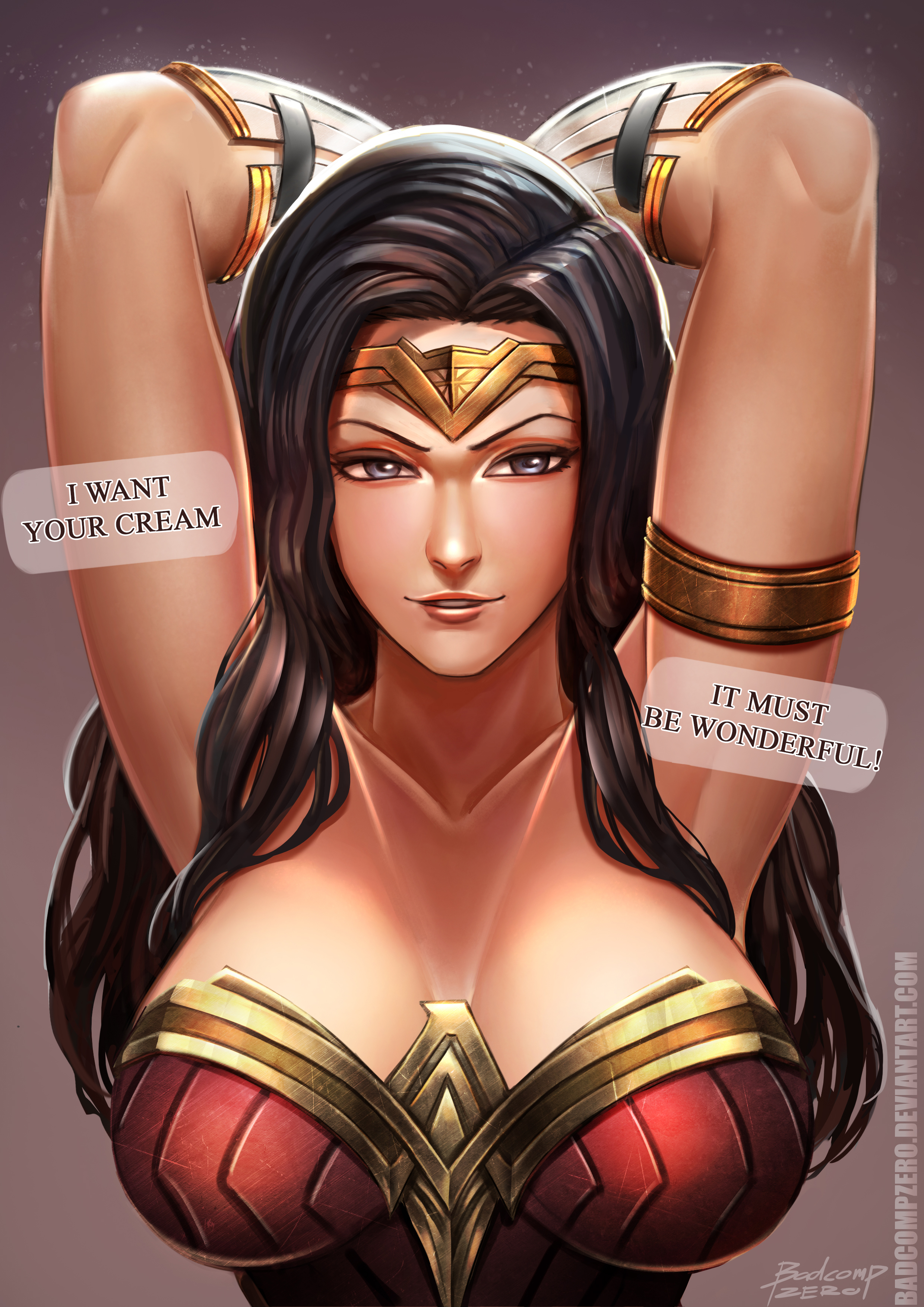 1girls, amazon, armor, armpits, arms up, artist name, badcompzero, bare shoulders, black hair, blue eyes, bracelet, breasts, cleavage, covered breasts, dc, dc comics, dc extended universe, diana of themyscira, english, english text, female, female only, fully clothed, jewelry, large breasts, long hair, looking at viewer, open mouth, signature, smile, solo, speech bubble, superhero, superheroine, text, tiara, upper body, watermark, web address, wonder woman, wonder woman (dceu), wonder woman (series)