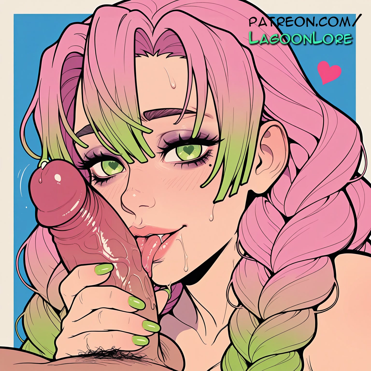 1boy, ai generated, artist name, blowjob, blowjob face, blue background, braid, cock, demon slayer, dick, fellatio, female, gradient hair, green eyes, green hair, green nails, heart, hi res, highres, kanroji mitsuri, kimetsu no yaiba, lagoonlore, licking, long hair, male pubic hair, mole, mole under eye, multicolored hair, nail polish, oral, oral sex, patreon, patreon username, penis, pink hair, pink nails, pubic hair, solo focus, straight, sucking, sweat, two-tone hair, uncensored, watermark