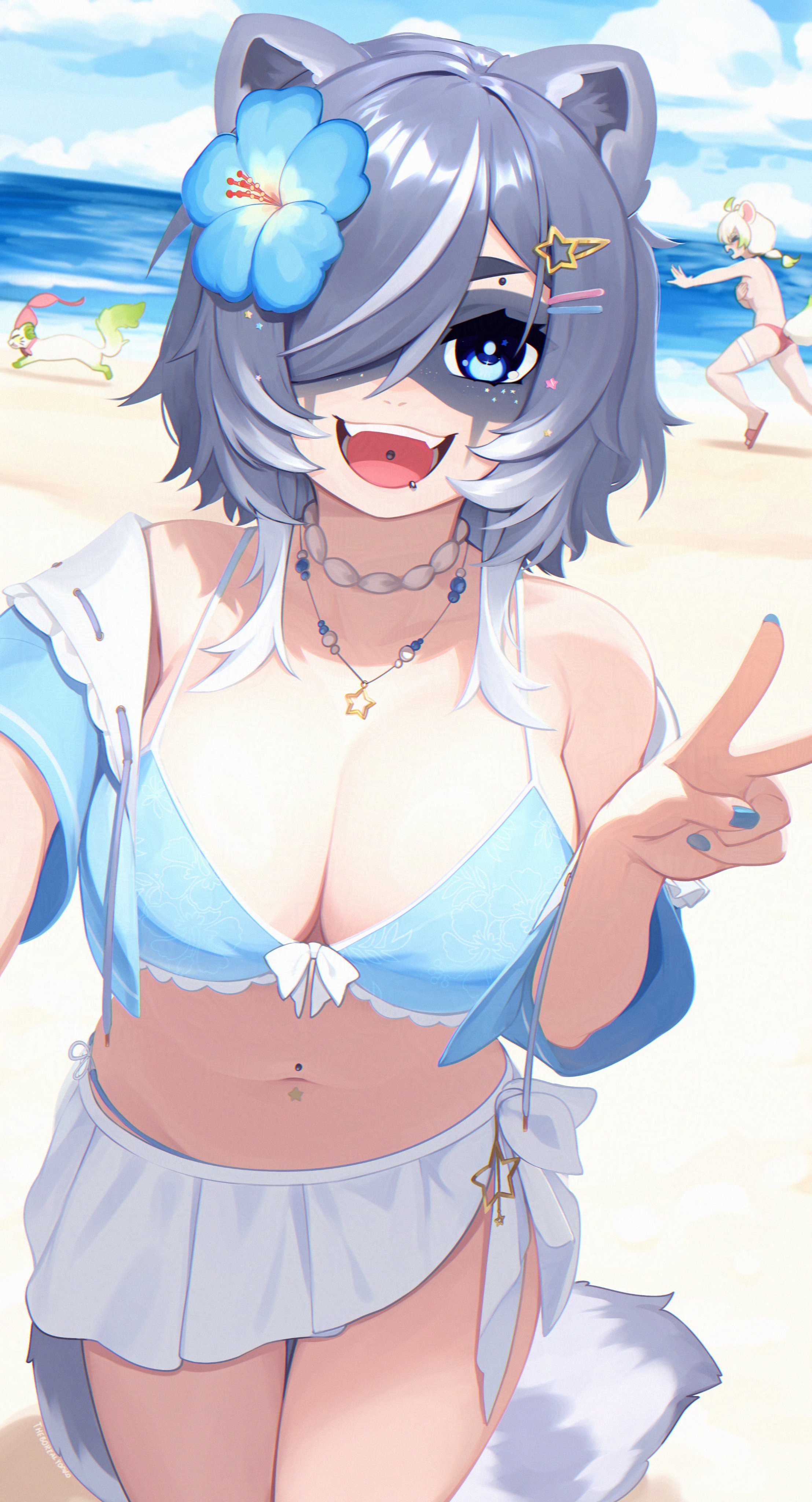 2girls, 3am, absurdres, adversarial noise, ahoge, animal ears, beach, big breasts, bikini, bikini bottom only, blush, boobs, breasts, chasing, cleavage, clothes in mouth, clothes theft, commentary, covering breasts, covering privates, crossover, embarrassed, english commentary, fan mascot (vtuber), ferret, ferret ears, ferret girl, ferret tail, film grain, gradient fur, gradient hair, green fur, green hair, grey hair, grey tail, highres, indie virtual youtuber, jacket, jewelry, laimu, large breasts, limon (laimu), mascot, midriff, multicolored fur, multicolored hair, multiple girls, necklace, open clothes, open jacket, raccoon ears, raccoon girl, raccoon tail, snuffy, star (symbol), star ornament, swimsuit, swimsuit in mouth, swimsuit theft, tail, theft, thigh gap, thigh strap, thighs, tits, topless female, two-tone fur, two-tone hair, v, virtual youtuber, vtuber, white fur, white hair, yoako