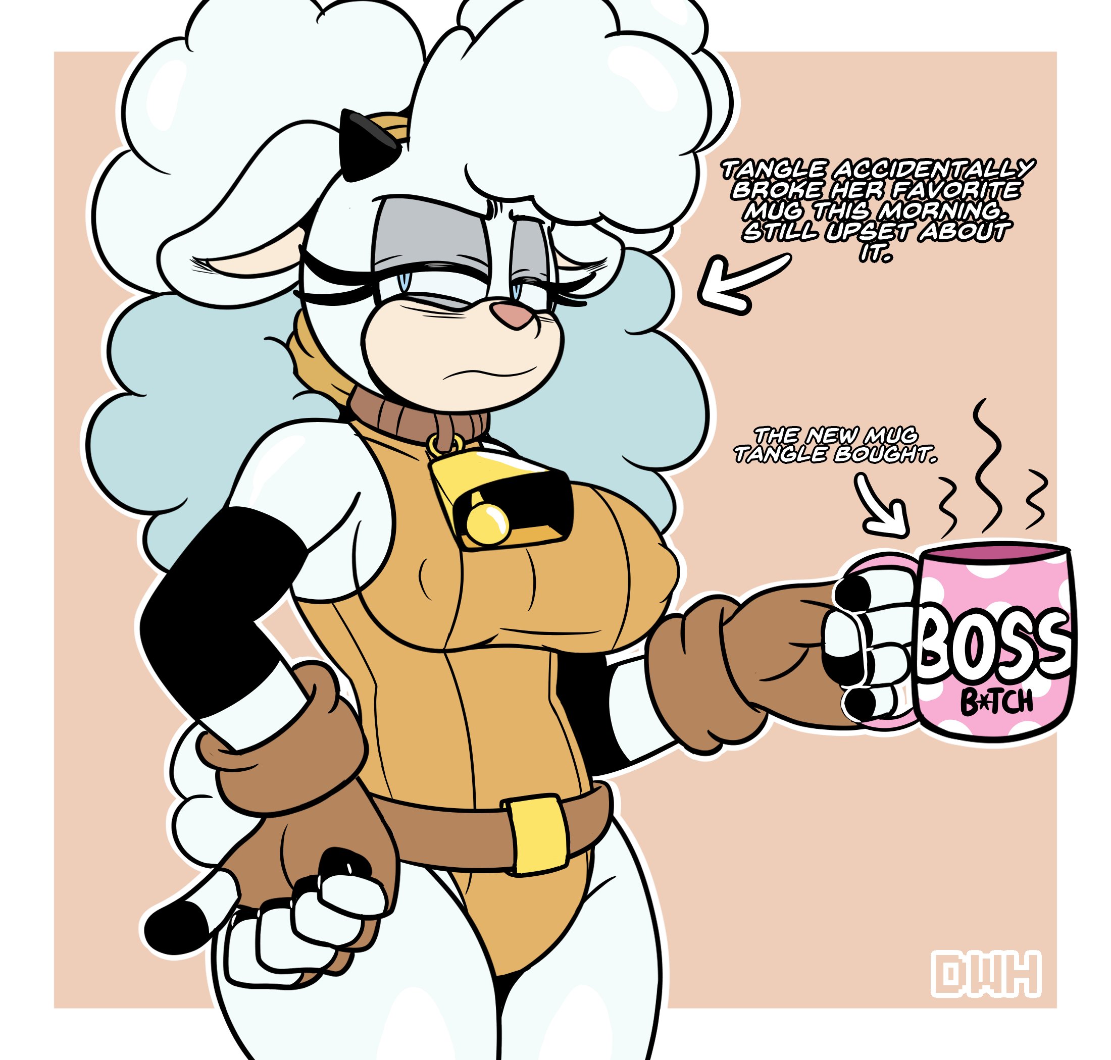 1girls, anthro, belt, big breasts, blue eyes, breasts, busty, clothed, clothed female, clothing, coffee, coffee cup, cowbell, darkwolfhybrid, english text, female, female focus, female only, fingerless gloves, fur, gloves, horn, idw publishing, lanolin the sheep, leotard, mug, nipple bulge, nipples visible through clothing, sheep, sheep girl, sheep humanoid, solo, sonic (series), sonic the hedgehog (comics), sonic the hedgehog (idw), sonic the hedgehog (series), text, thighs, white fur, white hair, wool (fur)
