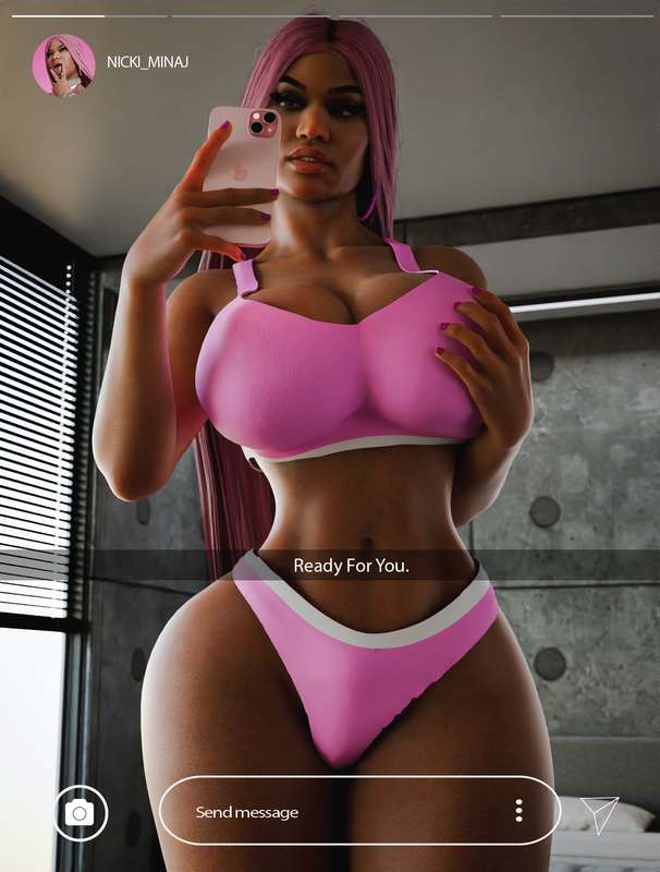 1girls, 3d, 3d (artwork), alternate version available, ass, big ass, big breasts, busty, busty female, celebrity, dark-skinned female, female, female only, fingernails, hand on floor, hourglass figure, hourglass figured female, looking at viewer, nicki minaj, nicki minaj (cod), pink hair, plump ass, plump lips, pussy, real person, skimpy clothes, snapchat sexting, snapchat story, steamy3d, thick ass, thick thighs
