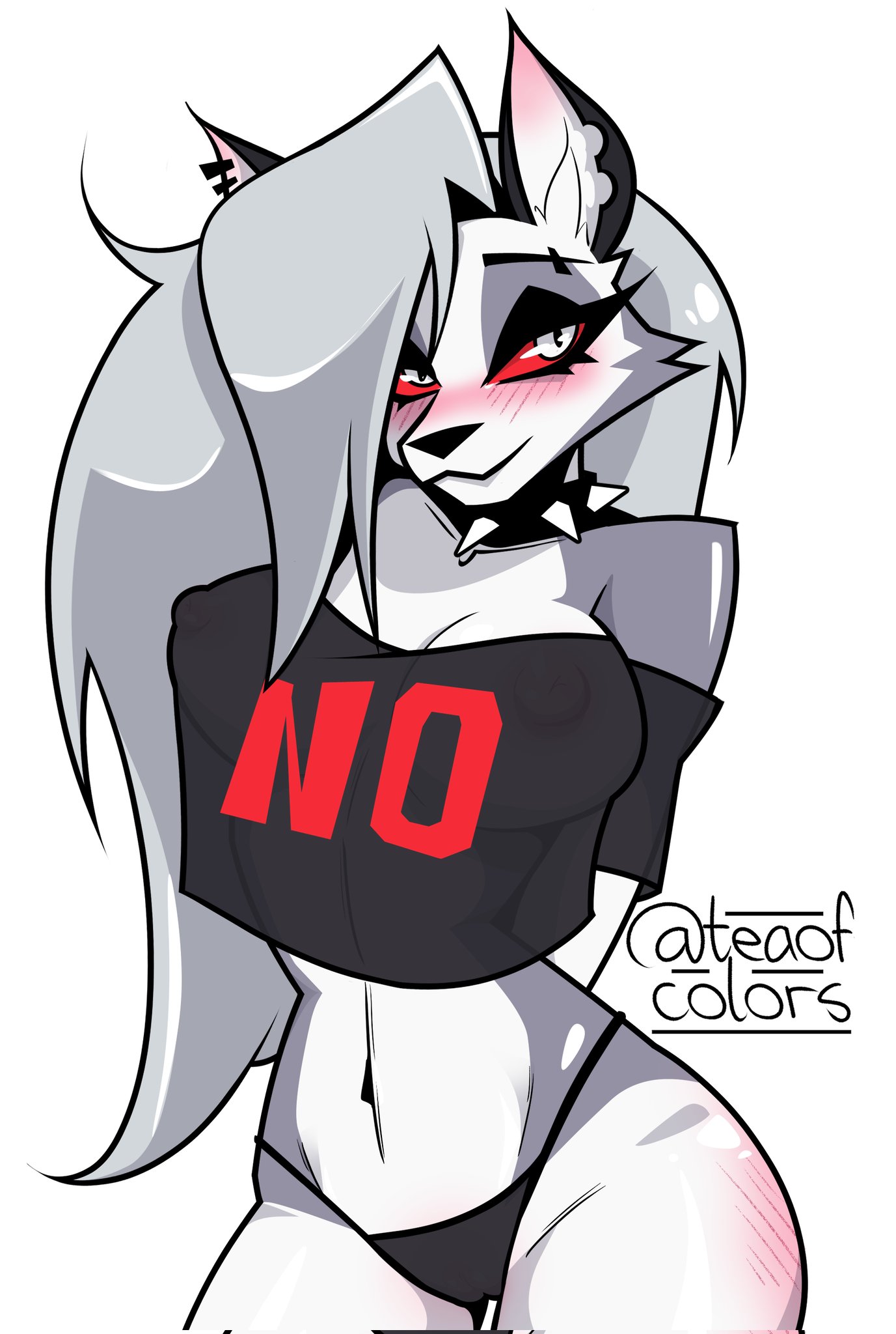 1girls, bare shoulders, big breasts, blush, clothed, clothing, color, female, female focus, female only, furry, furry female, hellhound, helluva boss, hi res, large breasts, long hair, loona (helluva boss), nipples visible through clothing, panties, red eyes, solo, solo female, teaofcolors, thick thighs, white hair, wolf, wolf ears, wolf girl, wolf tail