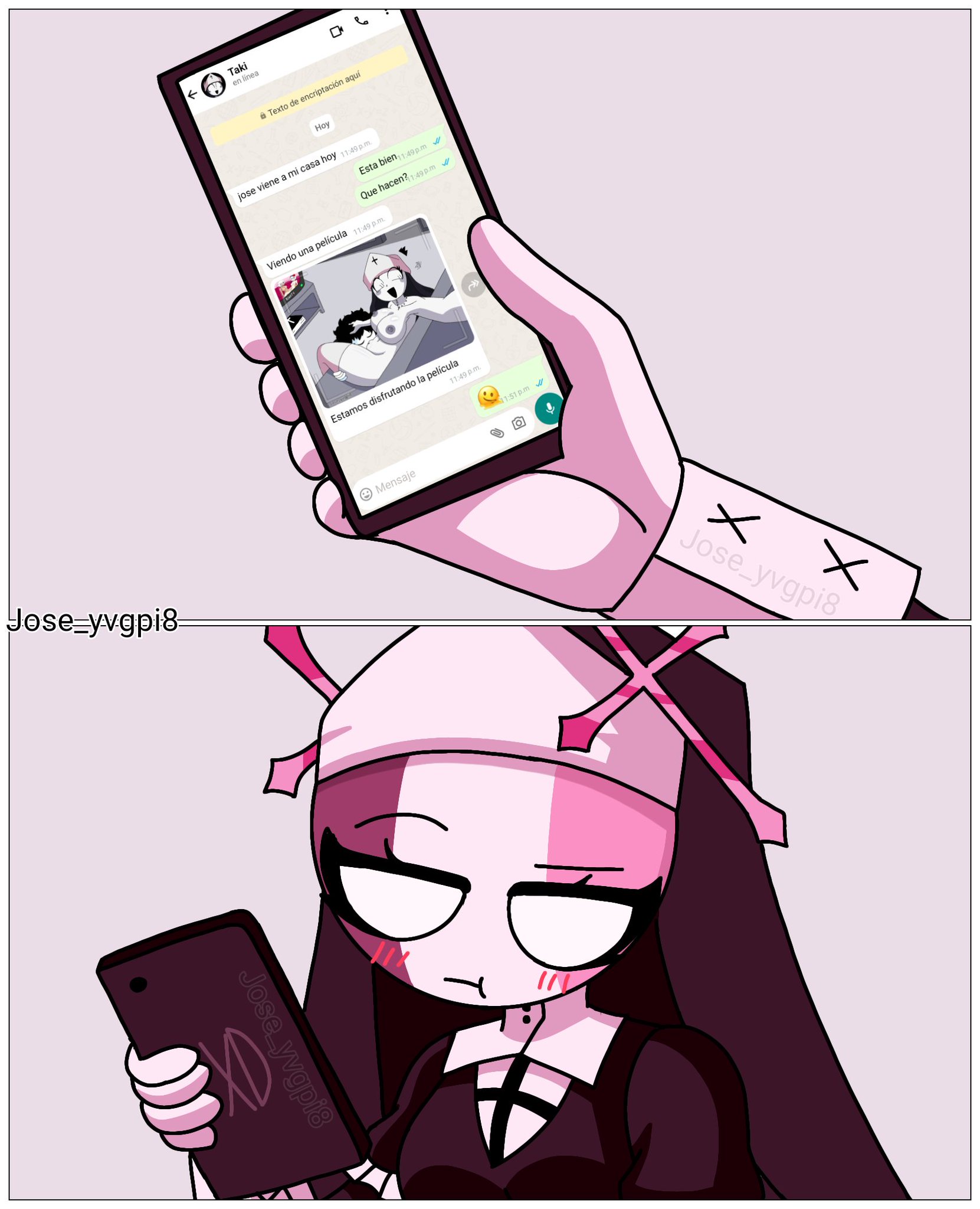blush, blushing, blushing female, chat, comic, female, female only, friday night funkin, jose yvgpi8, josetolleres2, nude, nude female, oc, sarvente, sarvente (dokki.doodlez), sending nudes, spanish, spanish text, taki (fevertown), translation request, whatsapp
