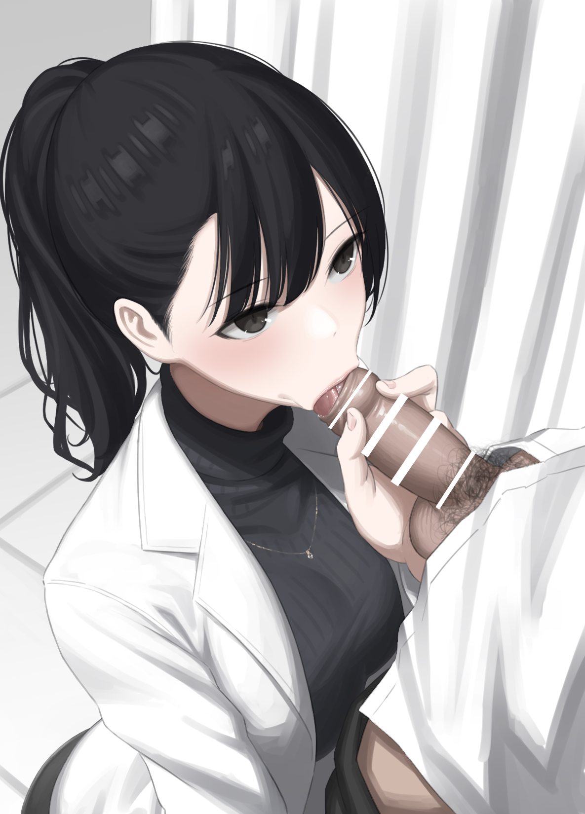 1boy, bar censor, black eyes, black hair, black sweater, censored, fellatio, female, highres, jewelry, kaminari doon, labcoat, male, necklace, oral, original, penis, ponytail, small penis, small penis adoration, solo focus, straight, sweater, turtleneck, turtleneck sweater