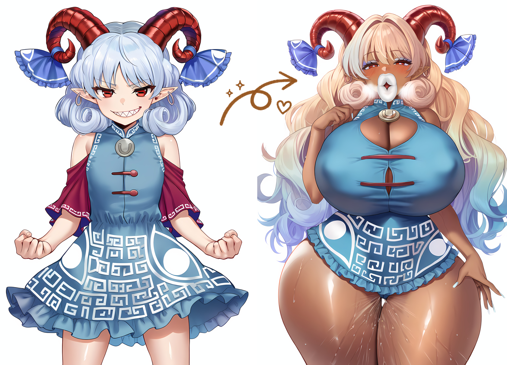 ai generated, before and after, bimbofication, breast expansion, breast growth, breast growth (enlargement), breasts, dildo, ebonization, female, huge breasts, nipples, race swap, touhou, toutetsu yuuma, transformation