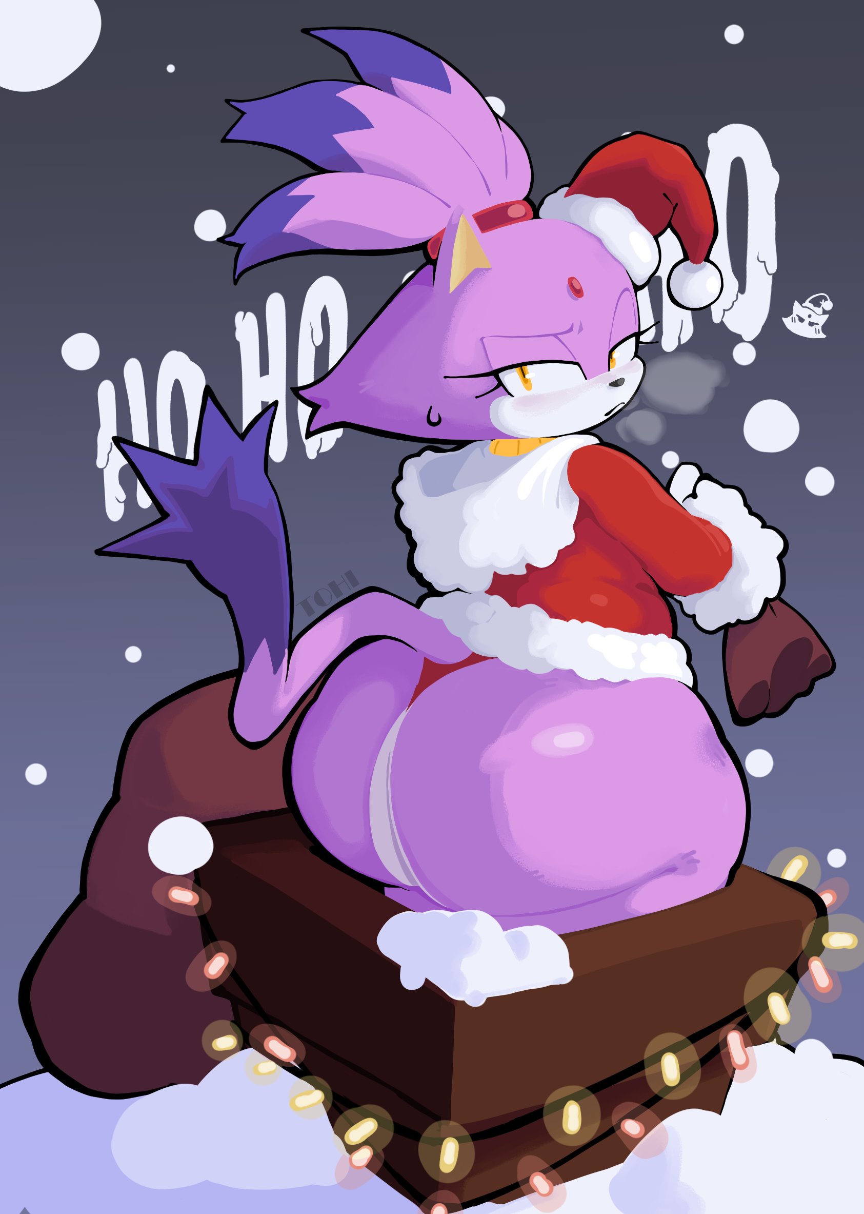 1girls, 2025, anthro, anthro female, ass, big ass, big butt, blaze the cat, blush, chimney, christmas, christmas clothing, christmas decorations, christmas lights, christmas outfit, clothing, coat, domestic cat, duffel bag, eyelashes, eyeshadow, felid, feline, felis, female, forehead gem, fur, furry, furry female, gem, hair, hi res, holidays, huge ass, huge butt, inconvenient ass, large ass, large butt, looking at viewer, looking back, mammal, moon, night, orange eyes, ponytail, santa costume, sega, snow, snowing, solo, sonic (series), sonic the hedgehog (series), steam, steaming breath, steamy breath, stuck, stuck in chimney, tail, theonehornedimp, thong, topwear, twitter link, underwear, white body, white fur