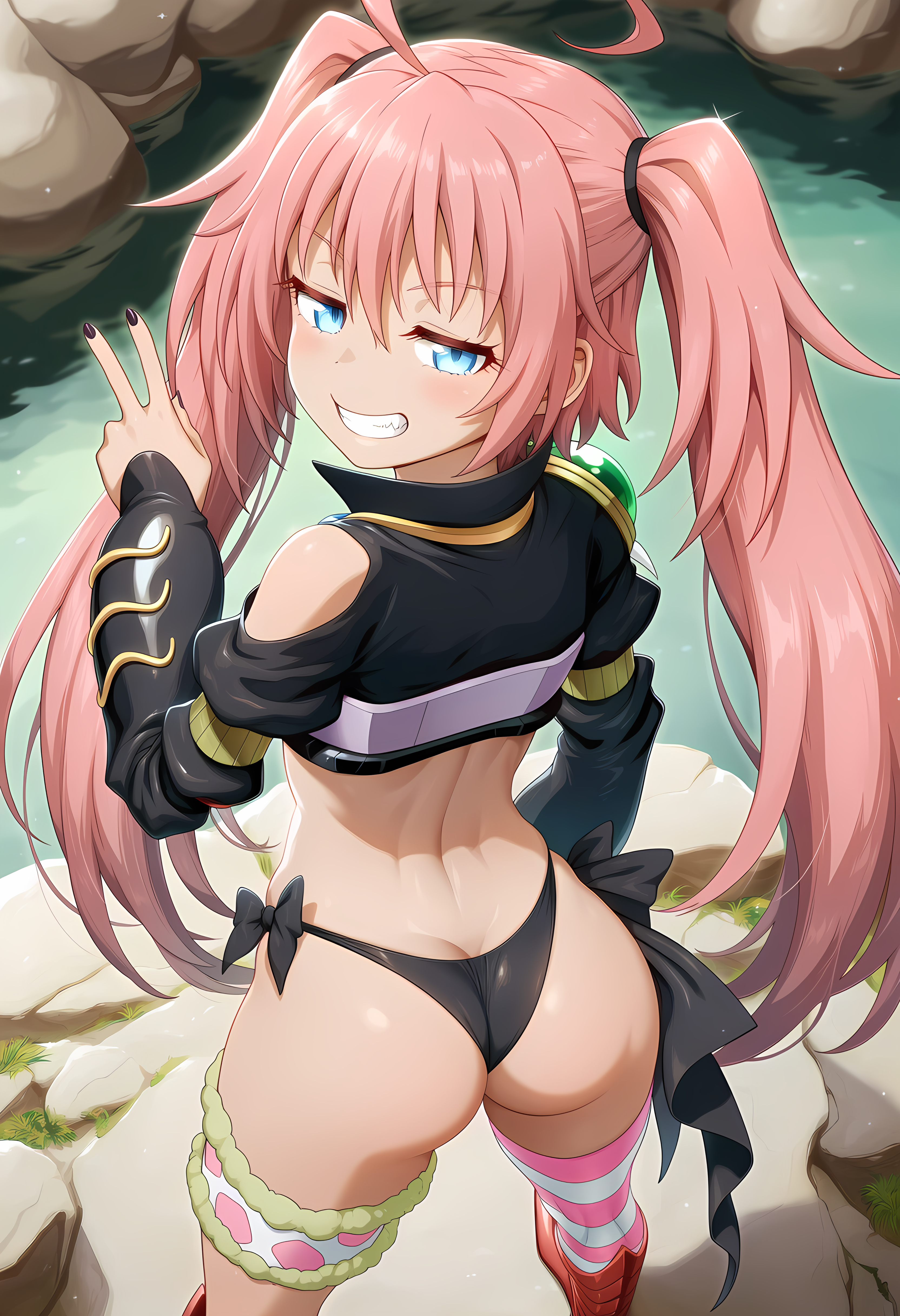 1girls, ai generated, ass, ass cleavage, big ass, big butt, blue eyes, clothed, clothed female, clothing, eyebrows, eyelashes, female, female only, grin, half-closed eyes, hentai4life , light skin, light-skinned female, looking at viewer, looking back, looking back at viewer, milim nava, novelai, pale skin, pale-skinned female, peace sign, pink hair, seductive, seductive look, solo, solo female, standing, tensei shitara slime datta ken, thighs, twintails