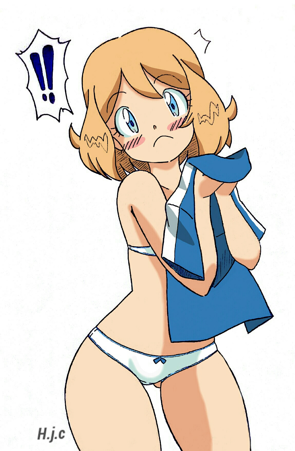 !, 1girls, ash ketchum (cosplay), ass visible through thighs, blonde hair, blue eyes, blush, bow panties, bra, coronel319, eyelashes, female, female only, honey hair, human, human only, looking at viewer, nintendo, panties, pokemon, pokemon xy, pokemon xy (anime), serena (pokemon), shirt, short hair, solo, standing, text, trembling, undressing, white background, white panties