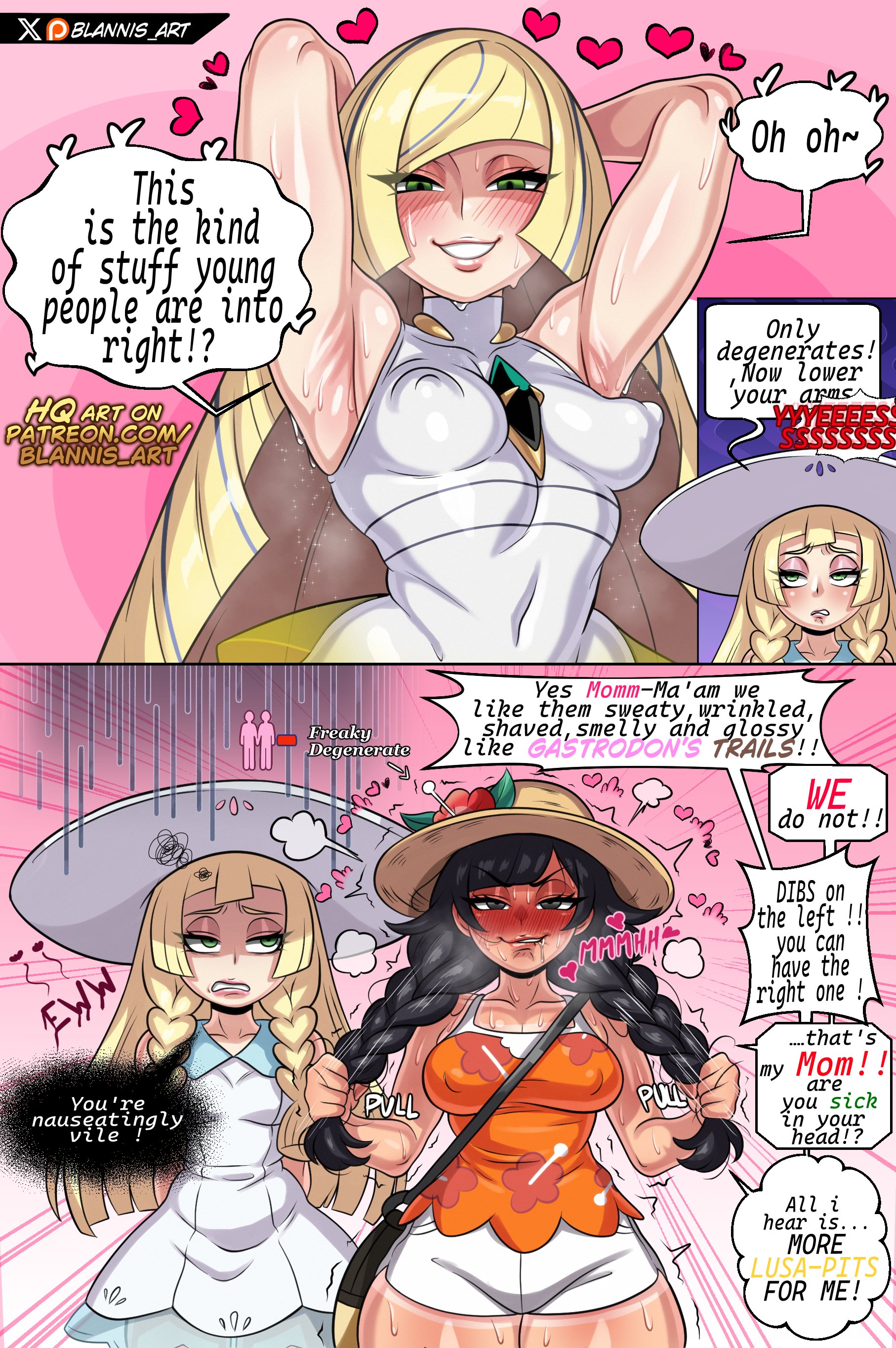 3girls, absurdres, age difference, angry, annoyed, annoyed expression, armpit focus, armpits, arms up, artist name, bare shoulders, black hair, blannis art, blonde hair, blush, breasts, dirty talk, disgusted, dress, drooling, earrings, embarrassed, female, female only, female pervert, green eyes, hair over one eye, highres, holding, horny, jewelry, large breasts, lillie (pokemon), long hair, looking at viewer, lusamine (pokemon), mature female, milf, multiple girls, nintendo, nipples, open mouth, pervert, pokemon, pokemon usum, pulling hair, selene (pokemon), shirt, simple background, sleeveless, sleeveless dress, smile, sweat, tagme, thick thighs, thighs, twitter logo, twitter username, very long hair, white dress, yuri